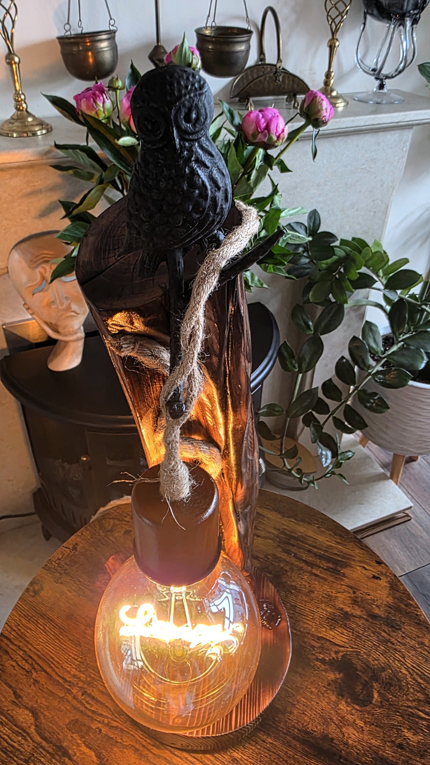 Rustic Owl Glow Lamp – Handcrafted Wooden Table Lamp with Love Bulb
