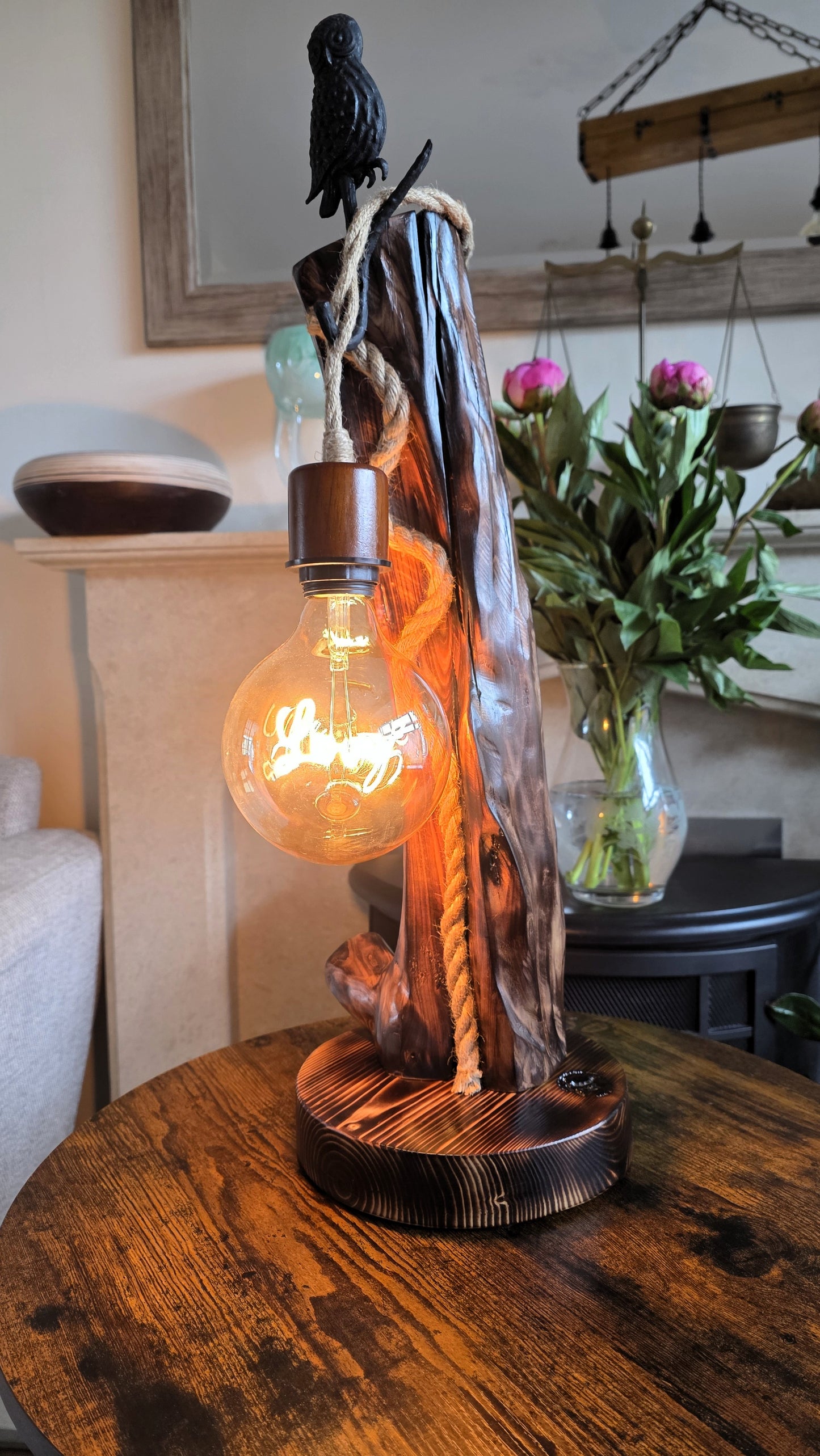 Rustic Owl Glow Lamp – Handcrafted Wooden Table Lamp with Love Bulb