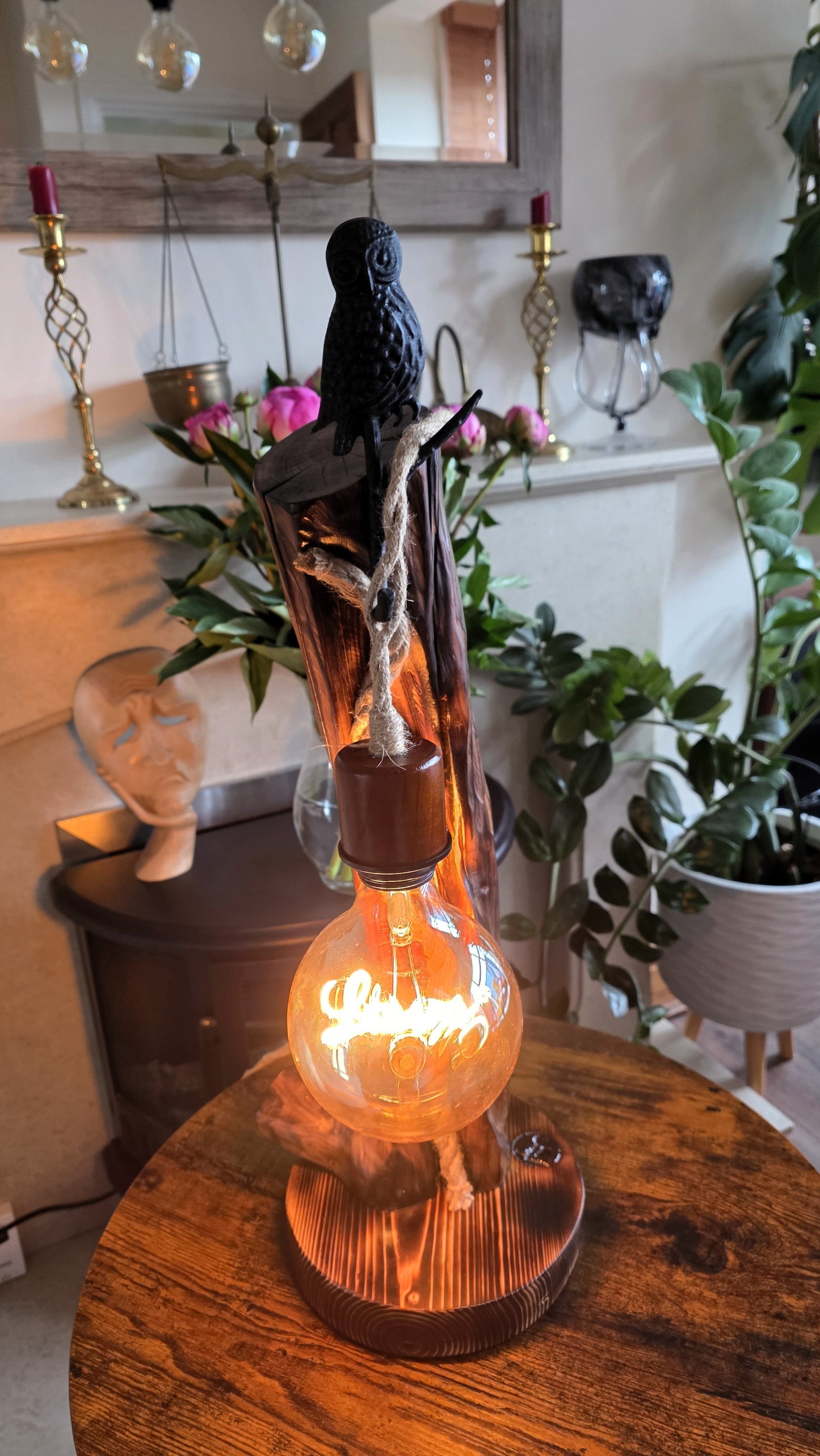 Rustic Owl Glow Lamp – Handcrafted Wooden Table Lamp with Love Bulb