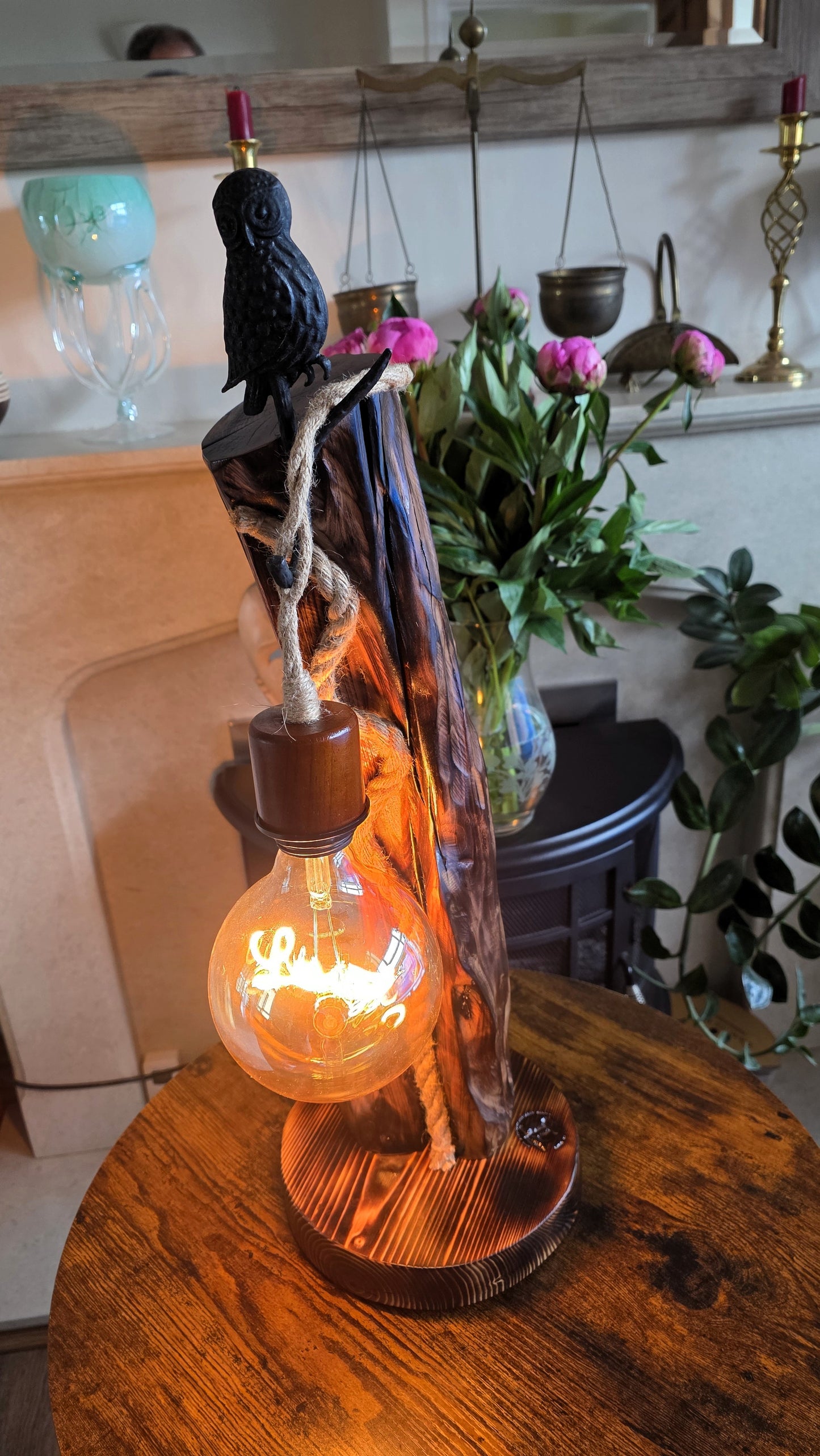 Rustic Owl Glow Lamp – Handcrafted Wooden Table Lamp with Love Bulb
