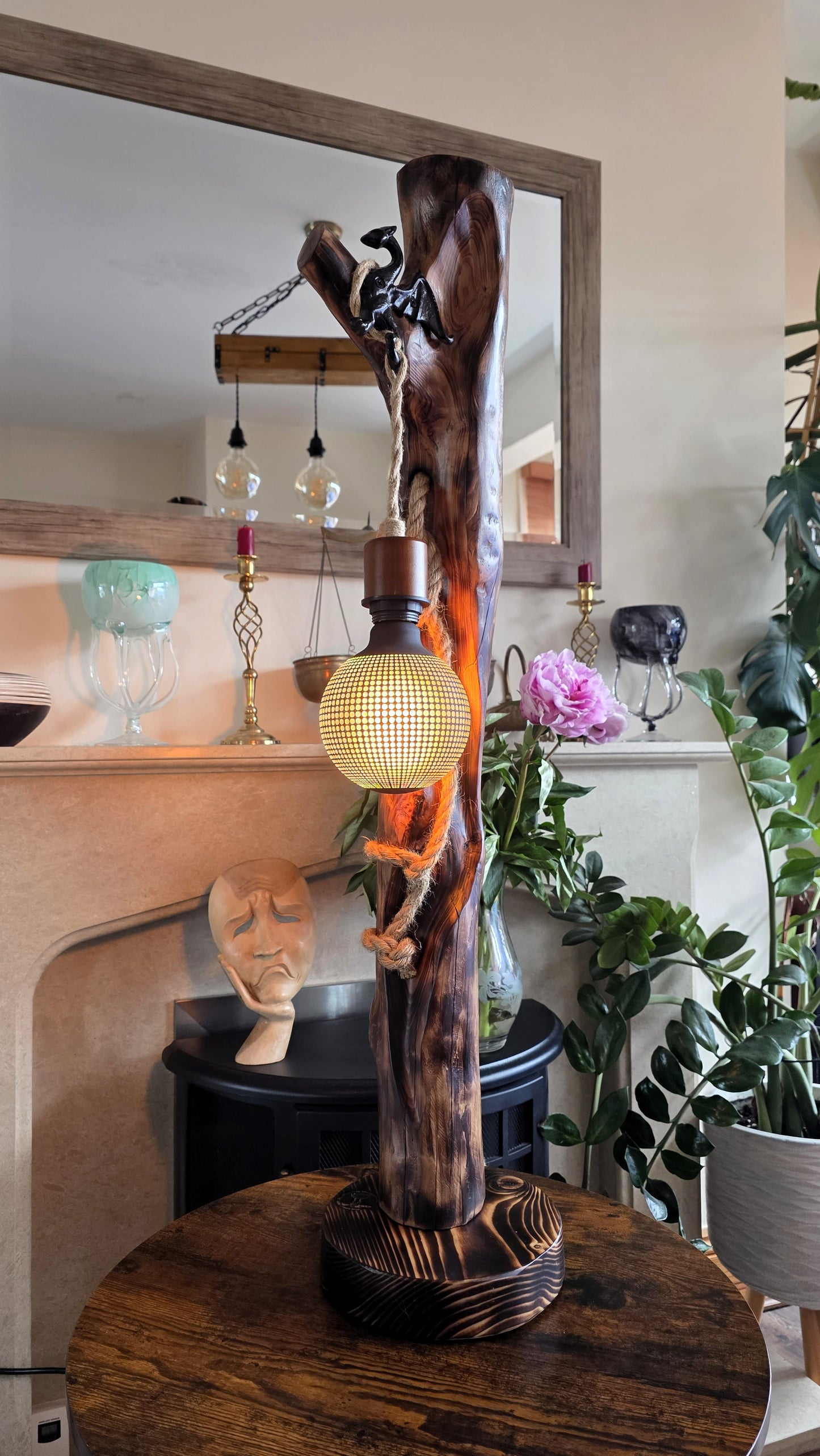 Rustic Apple Wood Dragon Lamp – Handmade Wooden Table Lamp with Dragon Accent | Fantasy Home Decor 🐉✨