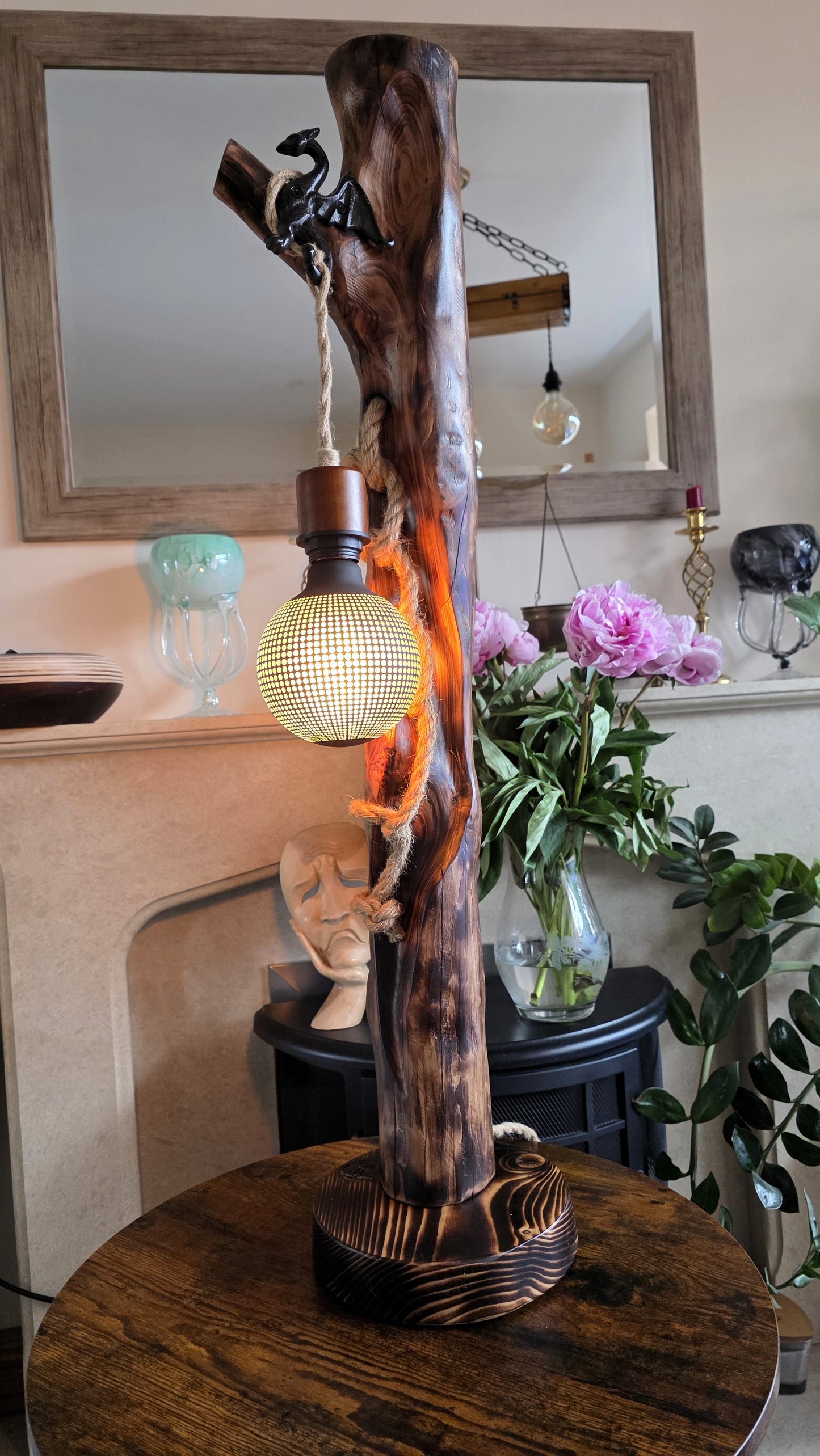 Rustic Apple Wood Dragon Lamp – Handmade Wooden Table Lamp with Dragon Accent | Fantasy Home Decor 🐉✨