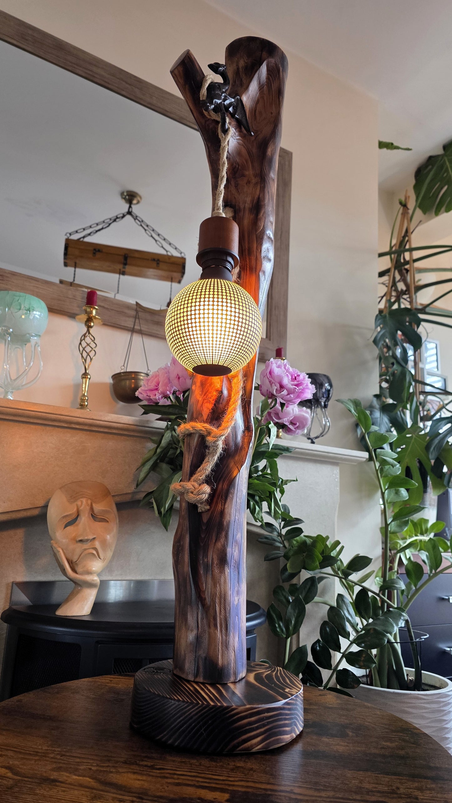 Rustic Apple Wood Dragon Lamp – Handmade Wooden Table Lamp with Dragon Accent | Fantasy Home Decor 🐉✨