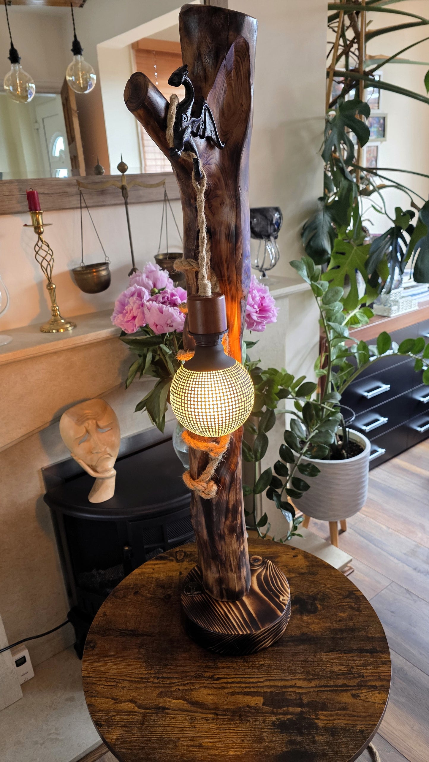Rustic Apple Wood Dragon Lamp – Handmade Wooden Table Lamp with Dragon Accent | Fantasy Home Decor 🐉✨