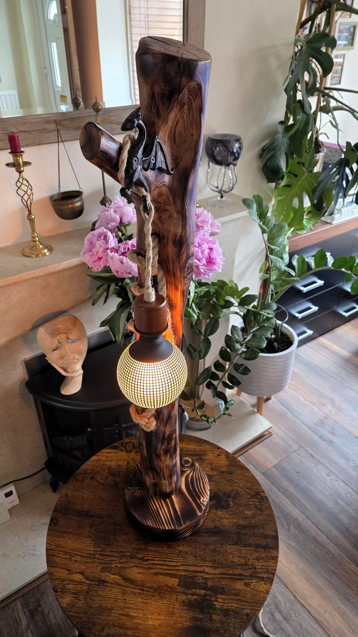 Rustic Apple Wood Dragon Lamp – Handmade Wooden Table Lamp with Dragon Accent | Fantasy Home Decor 🐉✨