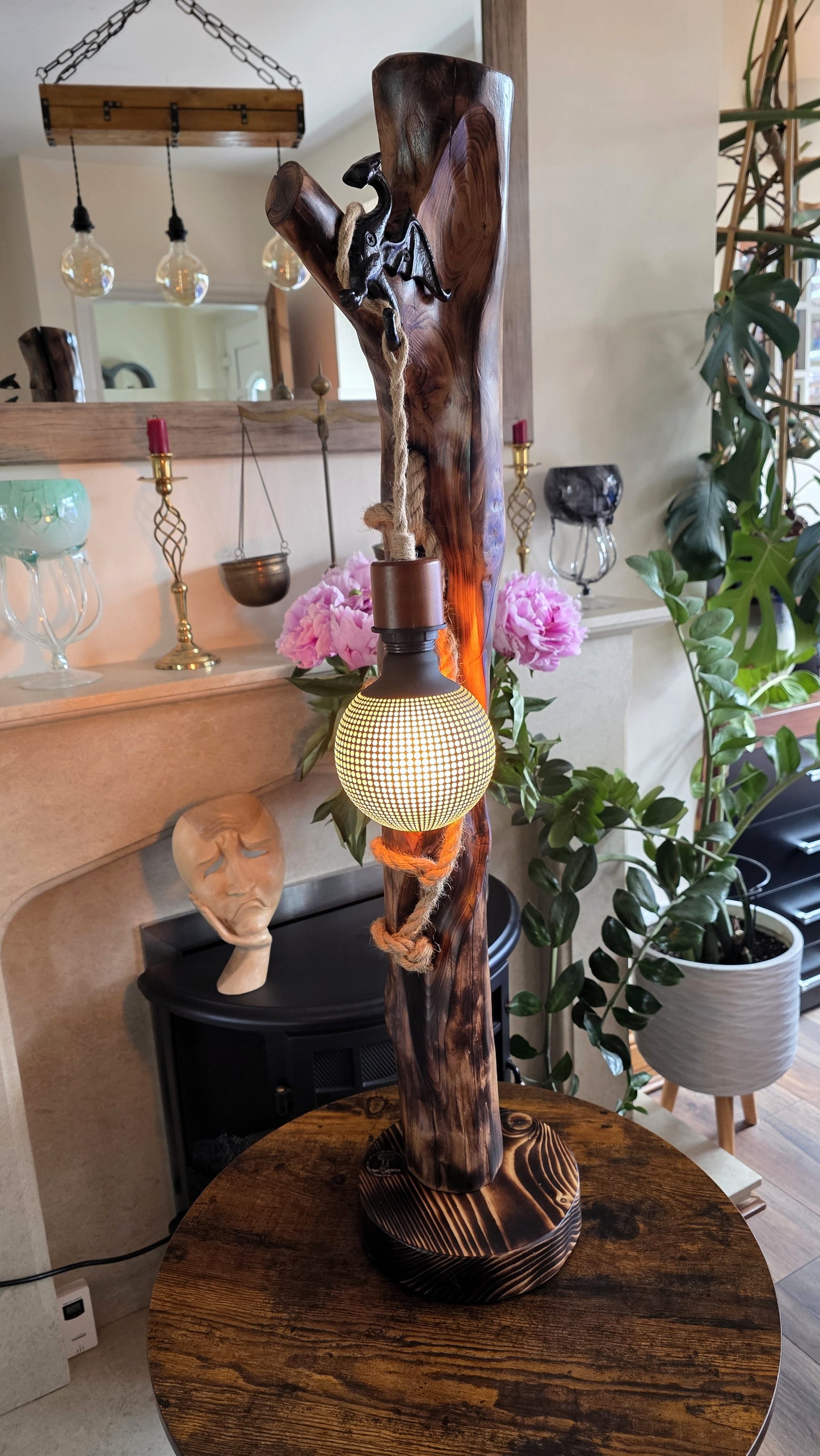 Rustic Apple Wood Dragon Lamp – Handmade Wooden Table Lamp with Dragon Accent | Fantasy Home Decor 🐉✨