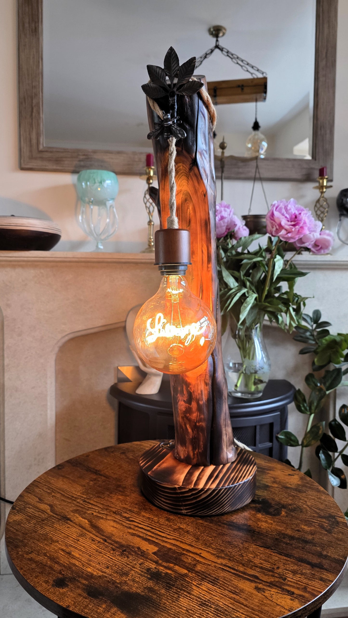 Rustic Apple Wood Love Lamp with Bee & Leaf Accent | Handmade Wooden Table Lamp | Nature Inspired Decor 🐝❤️