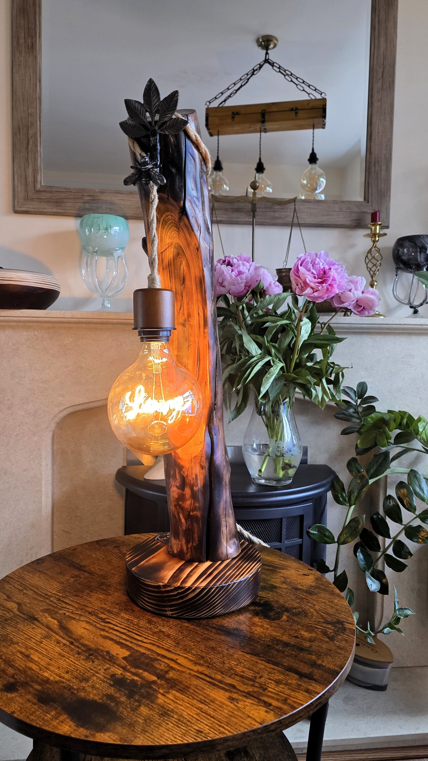 Rustic Apple Wood Love Lamp with Bee & Leaf Accent | Handmade Wooden Table Lamp | Nature Inspired Decor 🐝❤️