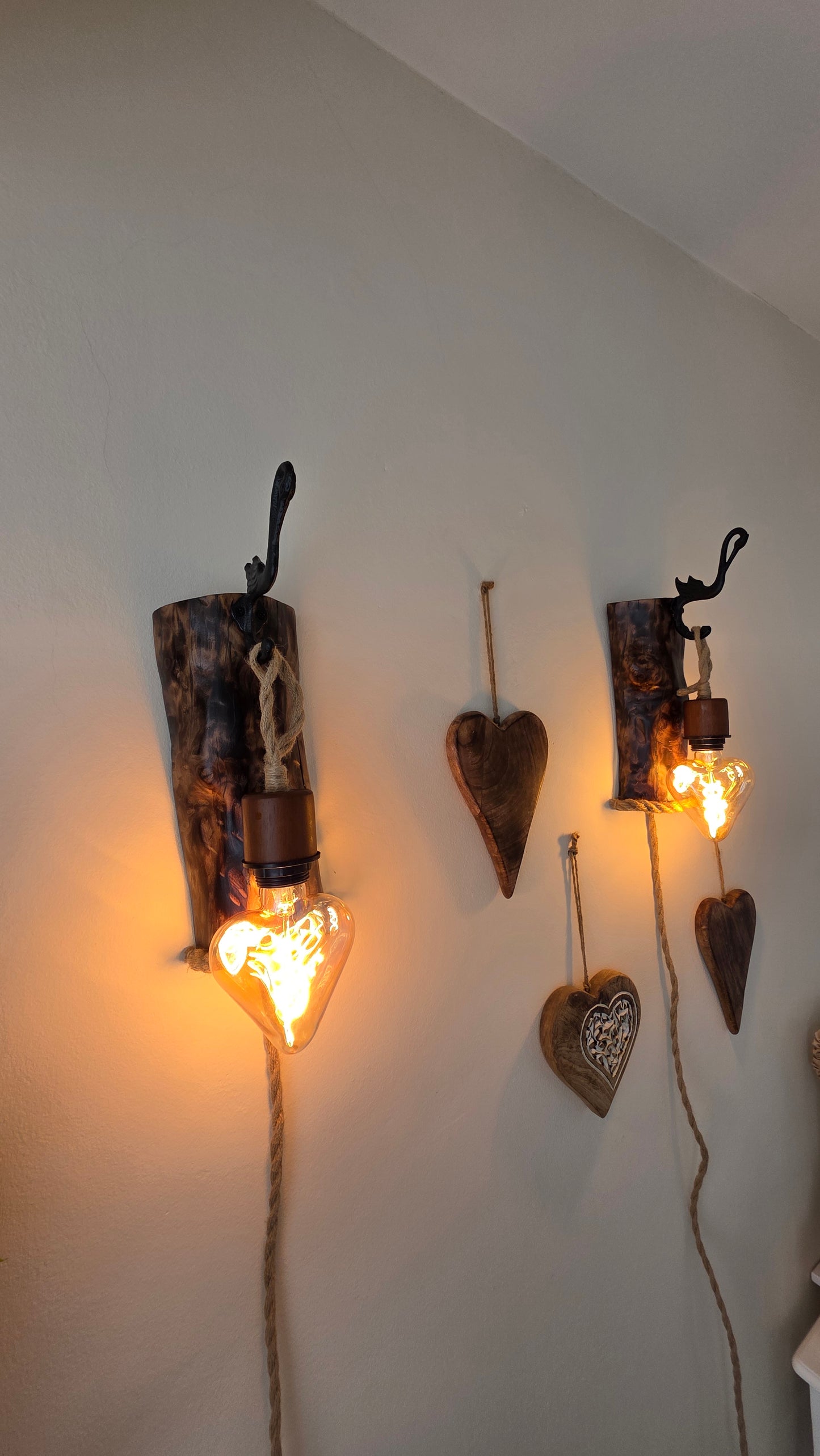 Set of 2 Rustic Heart Wall Lamps | Handmade Wooden Sconces with Heart Bulbs & Plug-In Switches ❤️