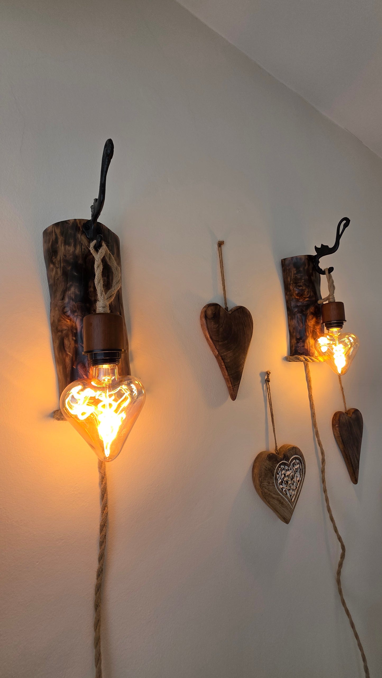 Set of 2 Rustic Heart Wall Lamps | Handmade Wooden Sconces with Heart Bulbs & Plug-In Switches ❤️