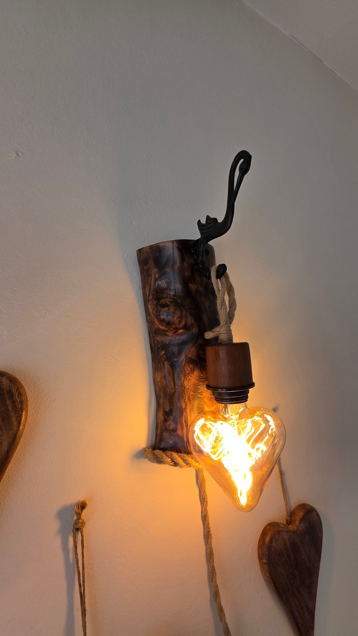 Set of 2 Rustic Heart Wall Lamps | Handmade Wooden Sconces with Heart Bulbs & Plug-In Switches ❤️