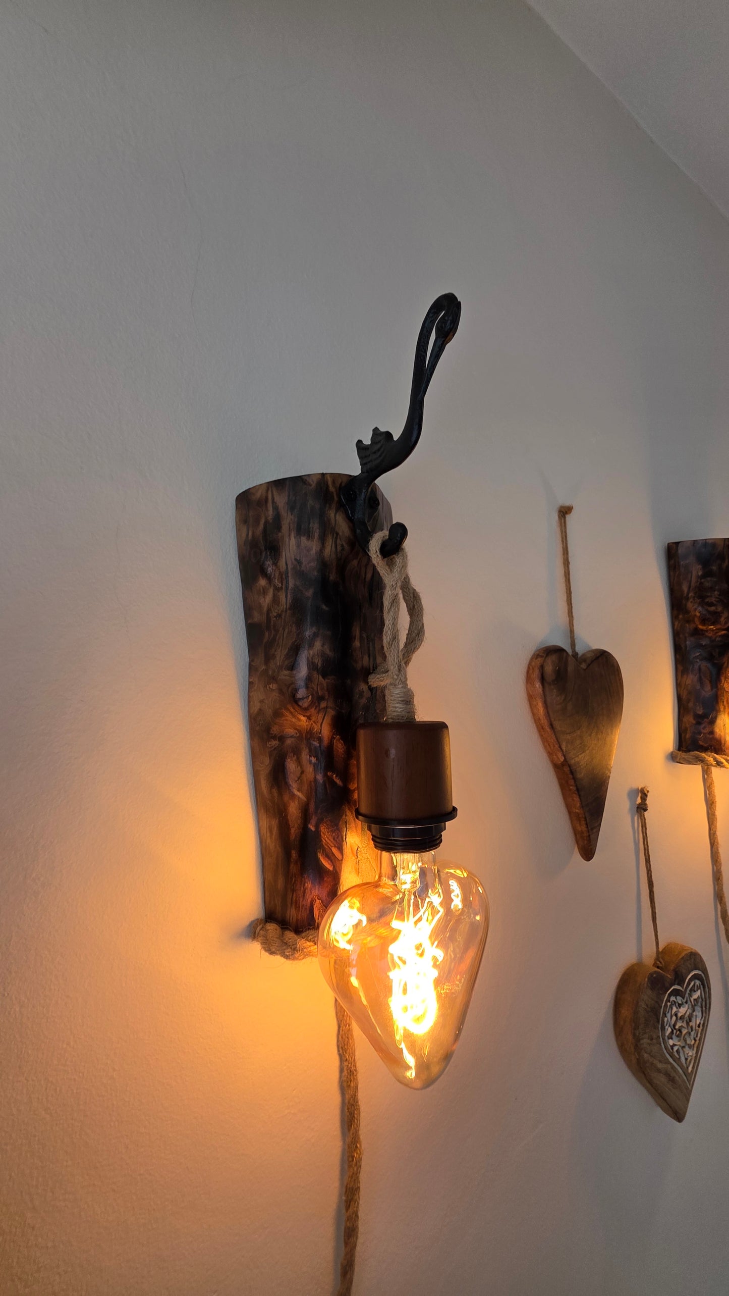 Set of 2 Rustic Heart Wall Lamps | Handmade Wooden Sconces with Heart Bulbs & Plug-In Switches ❤️