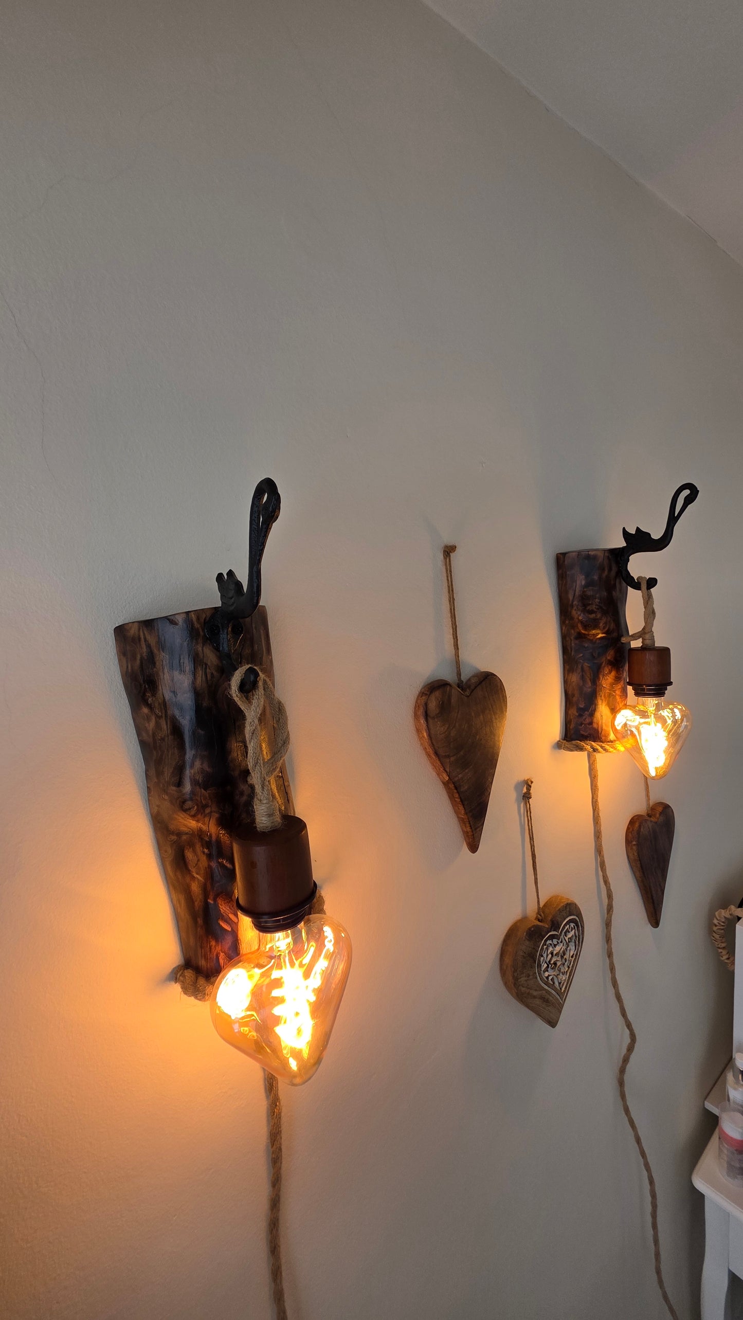 Set of 2 Rustic Heart Wall Lamps | Handmade Wooden Sconces with Heart Bulbs & Plug-In Switches ❤️