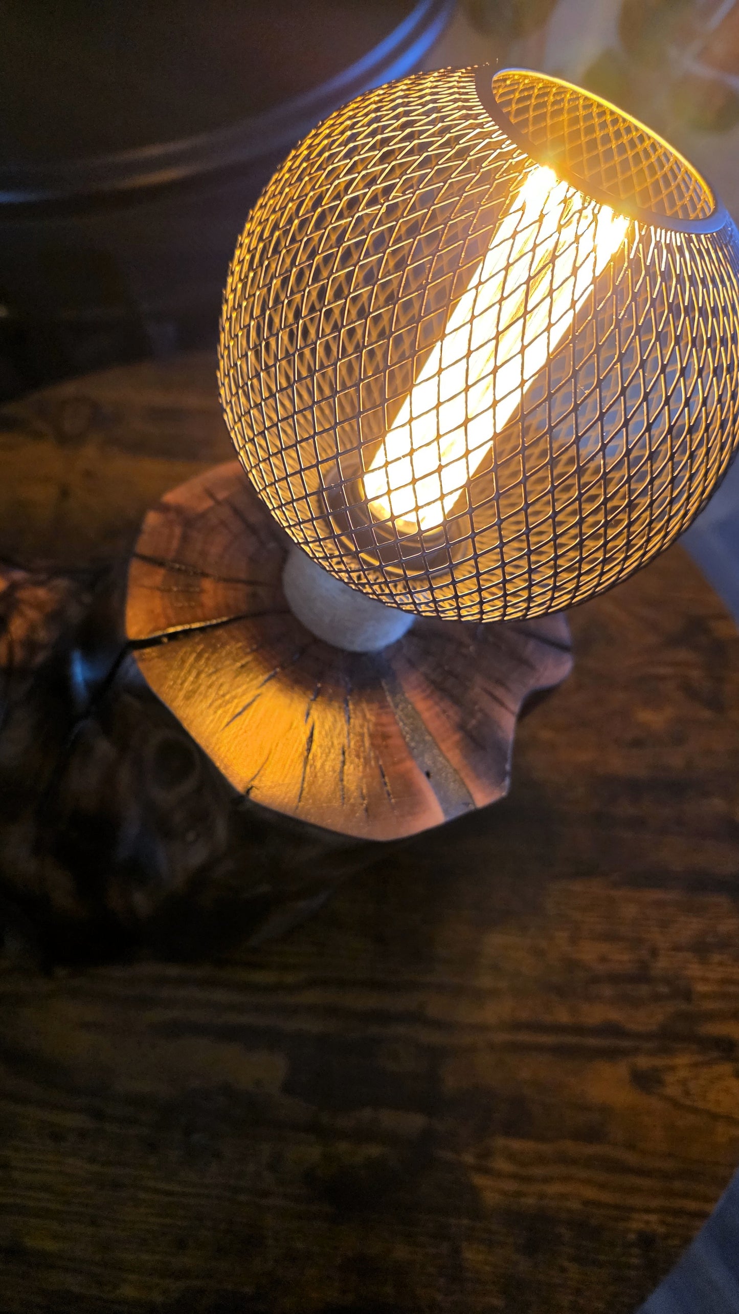 Rustic Mesh Globe Lamp – Handcrafted Apple Wood Table Lamp with Vintage LED Bulb 🪵⚫💡