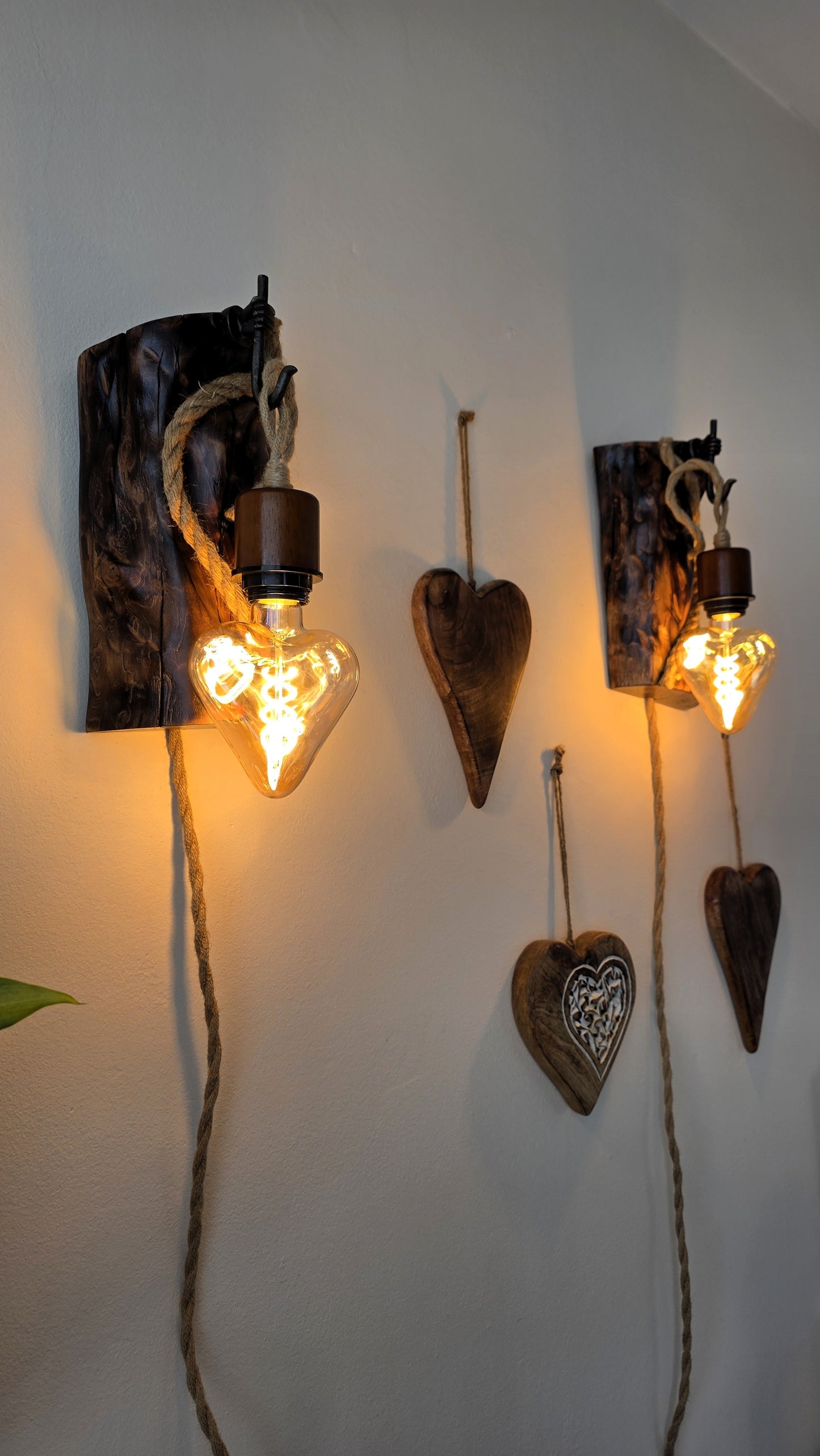 Rustic Heart Wall Sconces – Handmade Wooden Plug-In Wall Lamp Set of 2 ❤️🪵✨