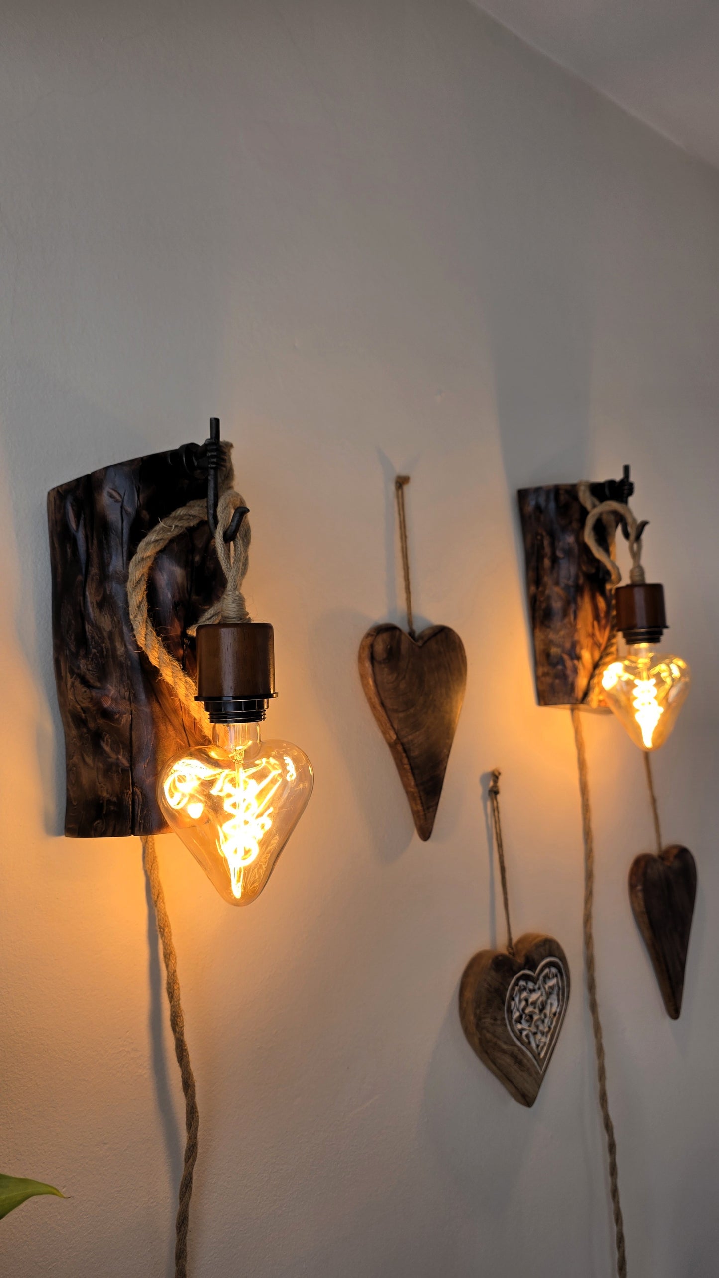 Rustic Heart Wall Sconces – Handmade Wooden Plug-In Wall Lamp Set of 2 ❤️🪵✨