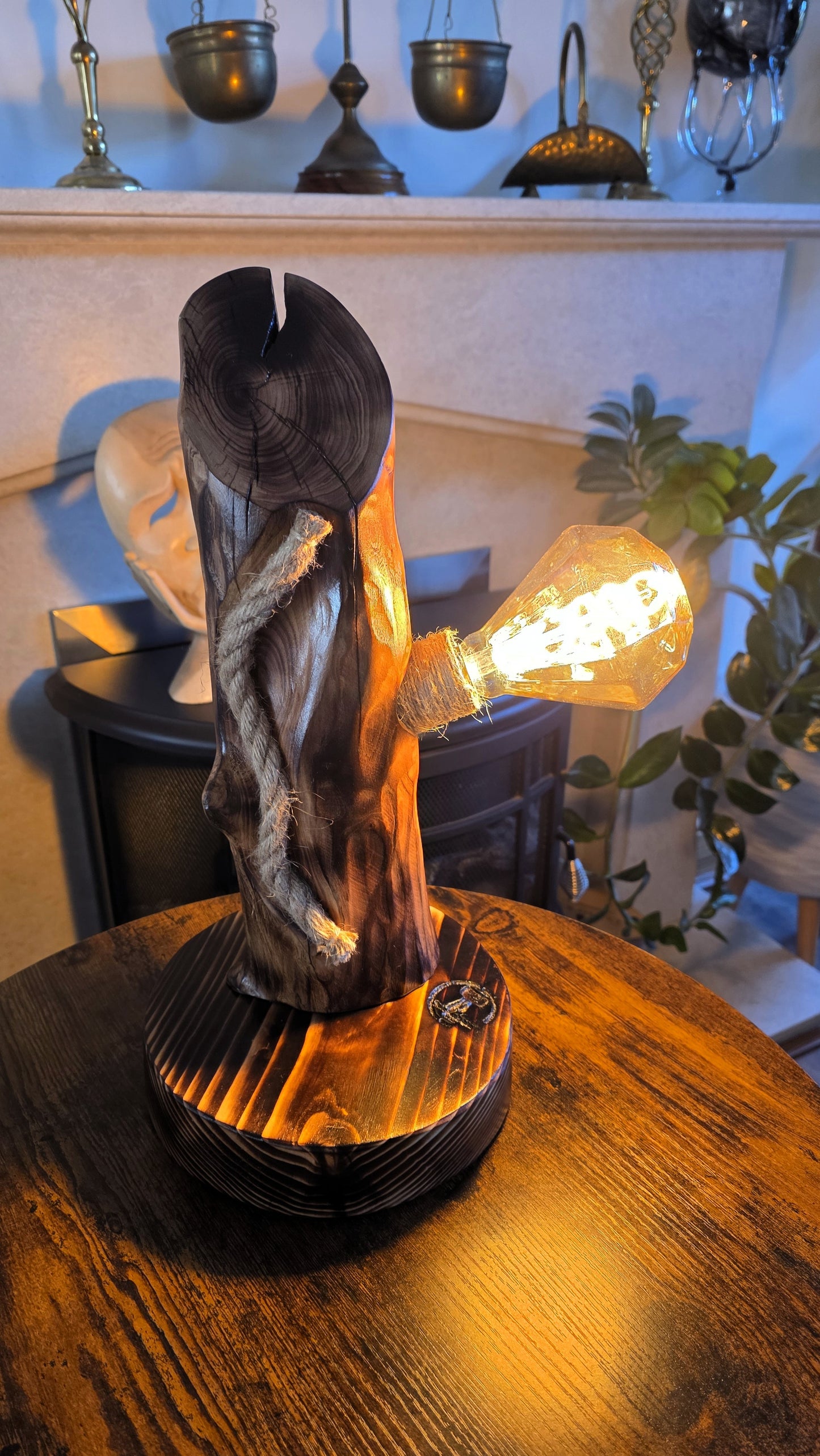 Handcrafted Apple Wood Table Lamp with Diamond Edison Bulb | Rustic Wooden Light