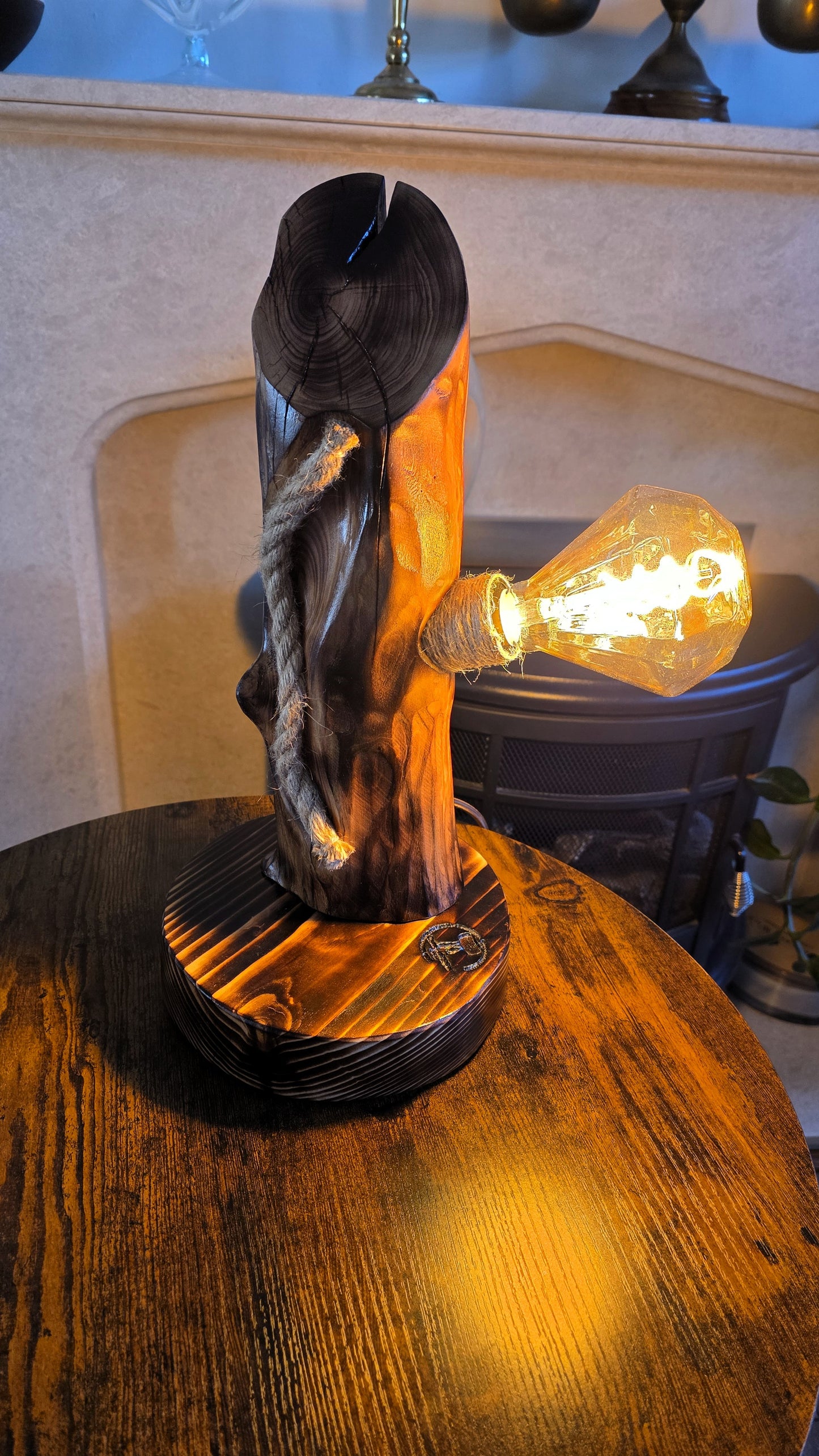 Handcrafted Apple Wood Table Lamp with Diamond Edison Bulb | Rustic Wooden Light