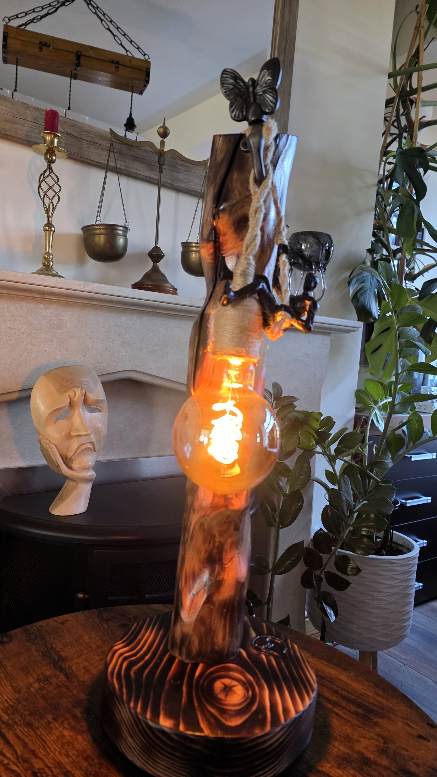 Handcrafted Apple Wood Climbing Lamp with Butterfly | Rustic Edison Table Light