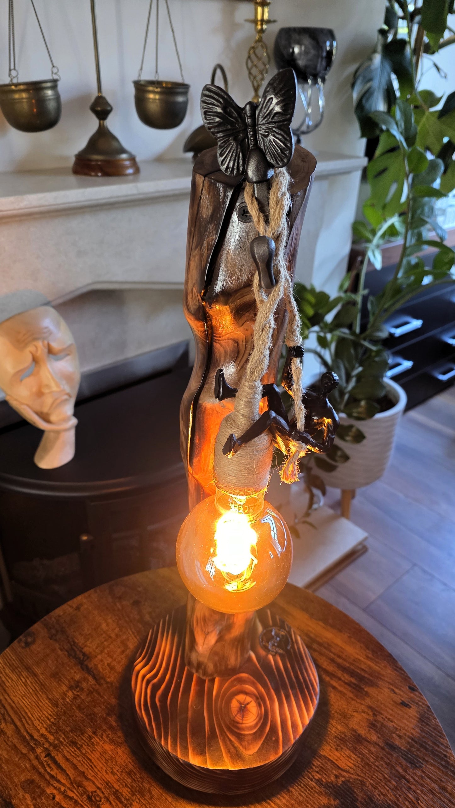 Handcrafted Apple Wood Climbing Lamp with Butterfly | Rustic Edison Table Light