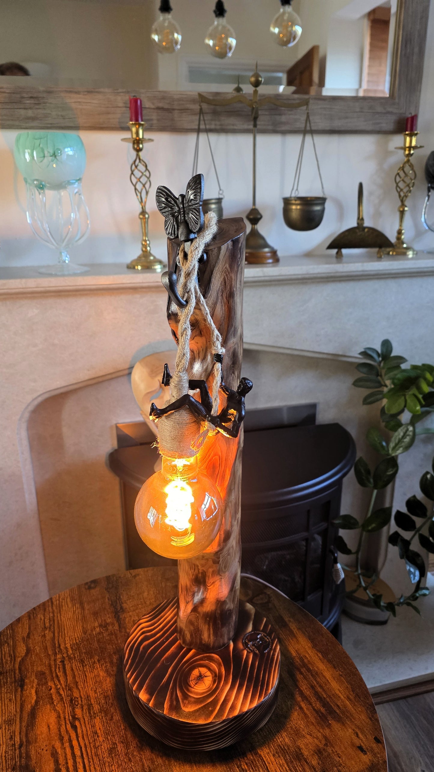 Handcrafted Apple Wood Climbing Lamp with Butterfly | Rustic Edison Table Light
