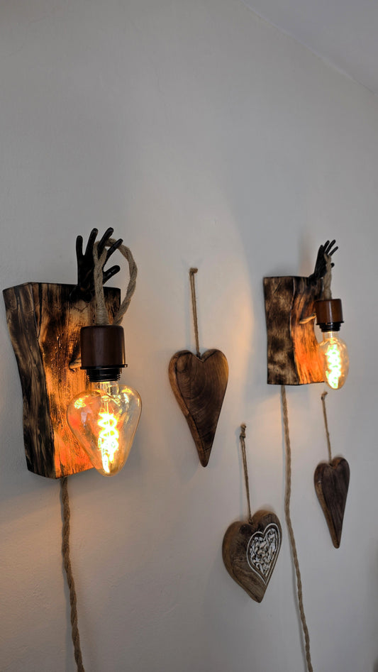 Handcrafted Rustic Wall Sconce Set of 2 | Apple Wood & Heart Edison Bulbs