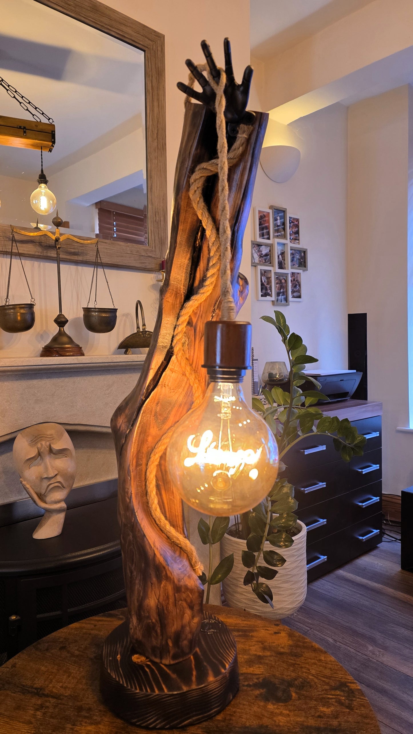 Rustic Apple Wood Lamp with Sculpted Hand & "Love" Edison Bulb