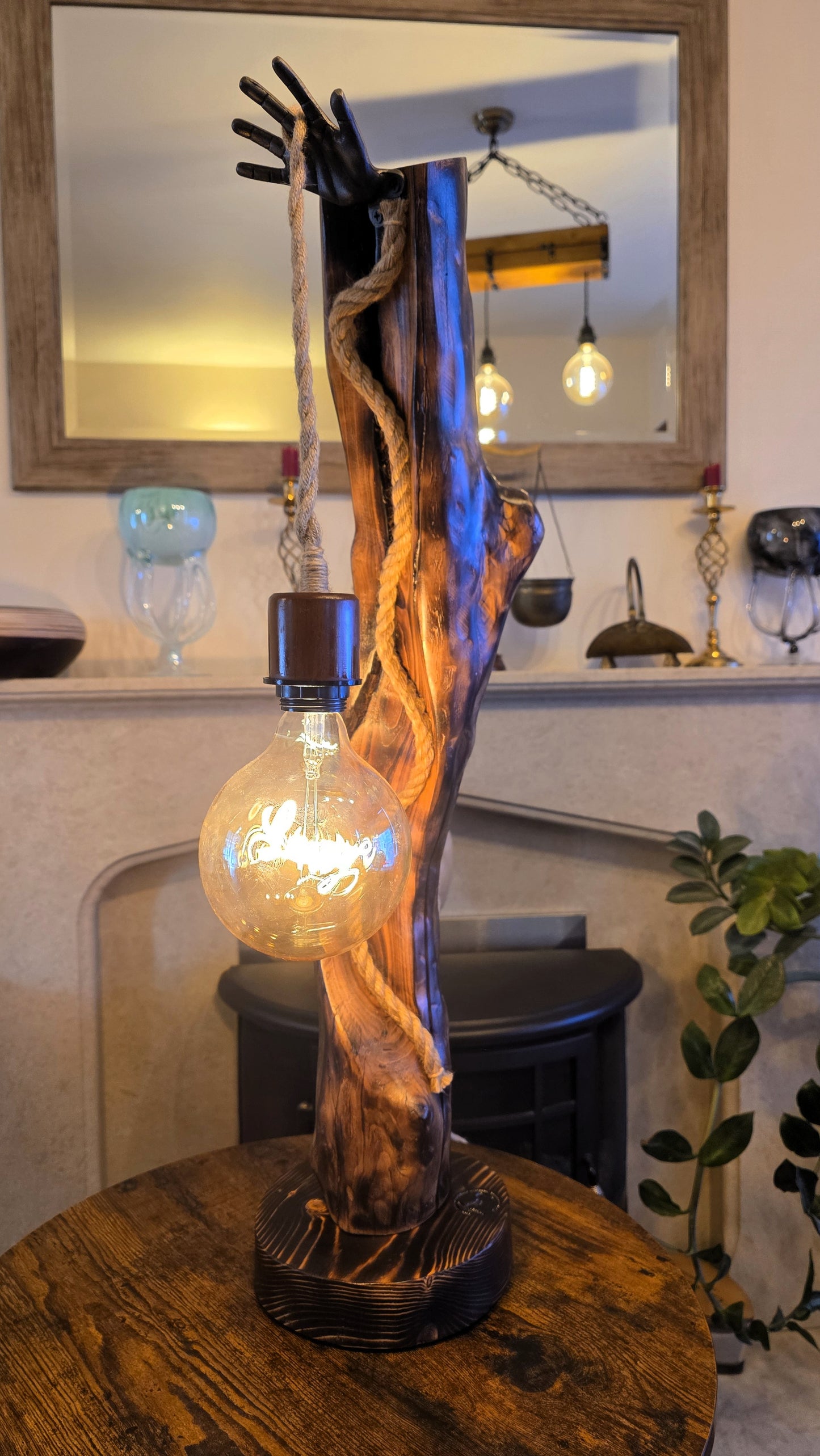 Rustic Apple Wood Lamp with Sculpted Hand & "Love" Edison Bulb