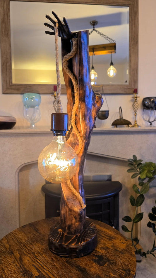 Rustic Apple Wood Lamp with Sculpted Hand & "Love" Edison Bulb