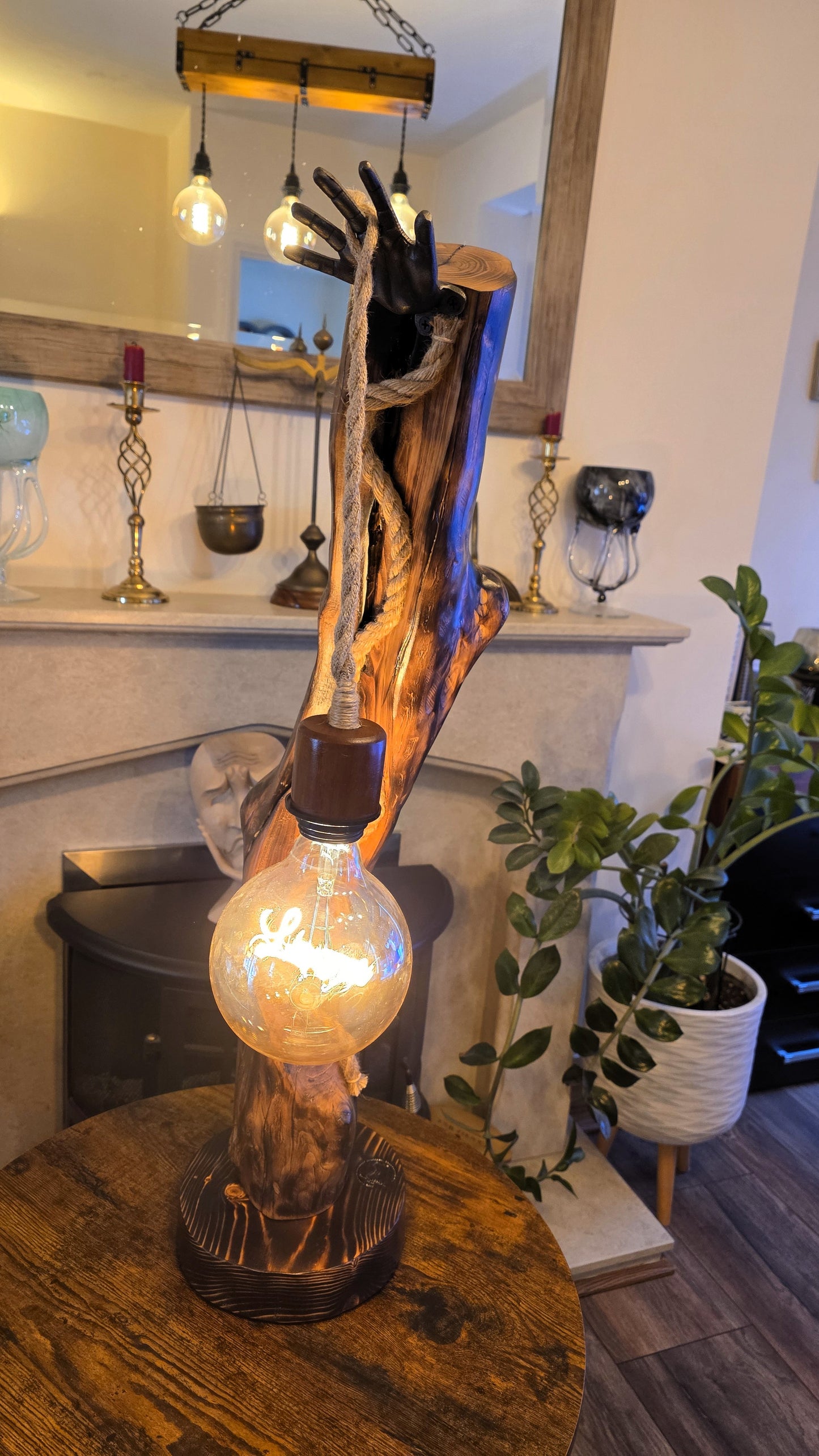 Rustic Apple Wood Lamp with Sculpted Hand & "Love" Edison Bulb