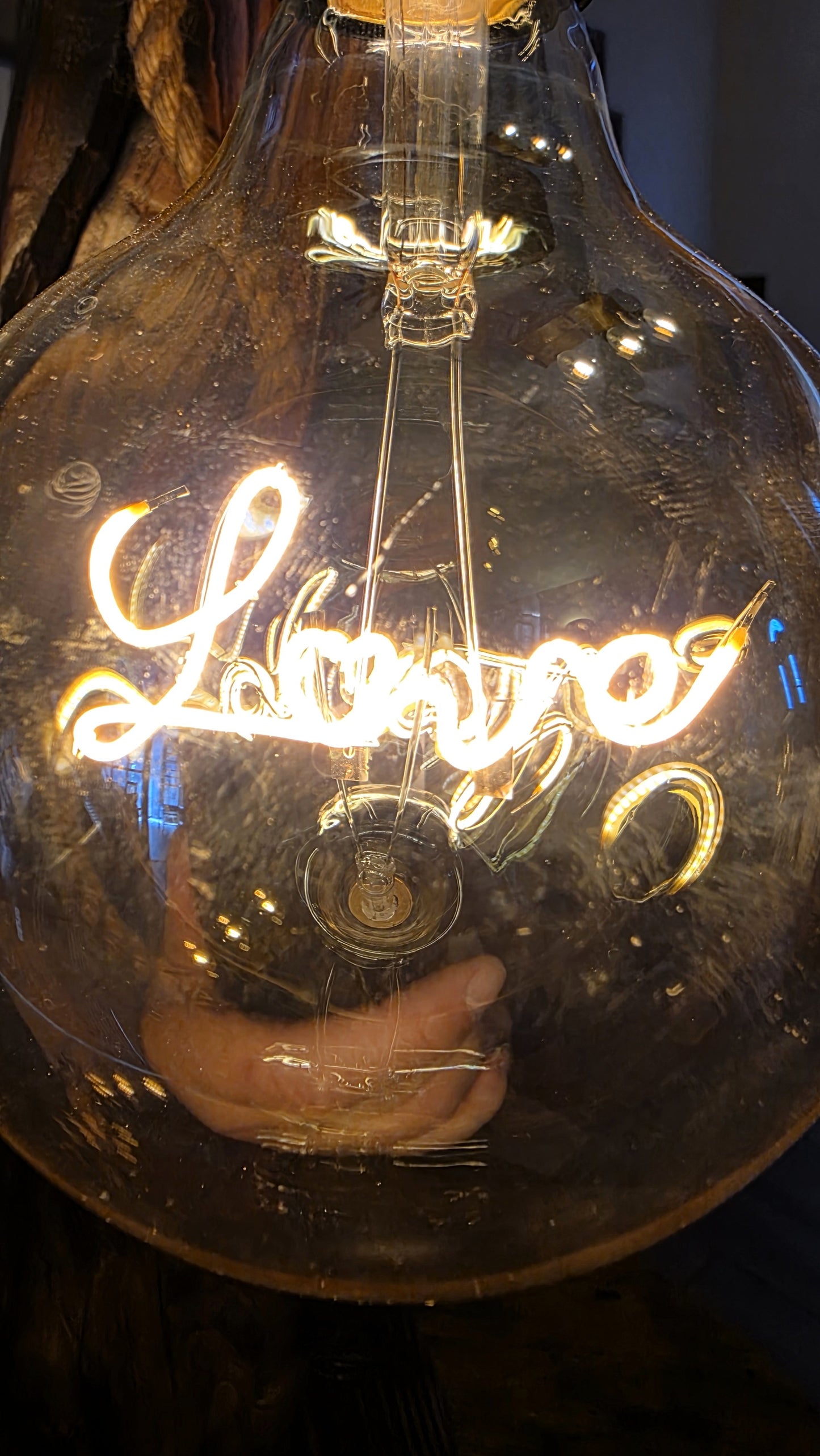Rustic Apple Wood Lamp with Sculpted Hand & "Love" Edison Bulb