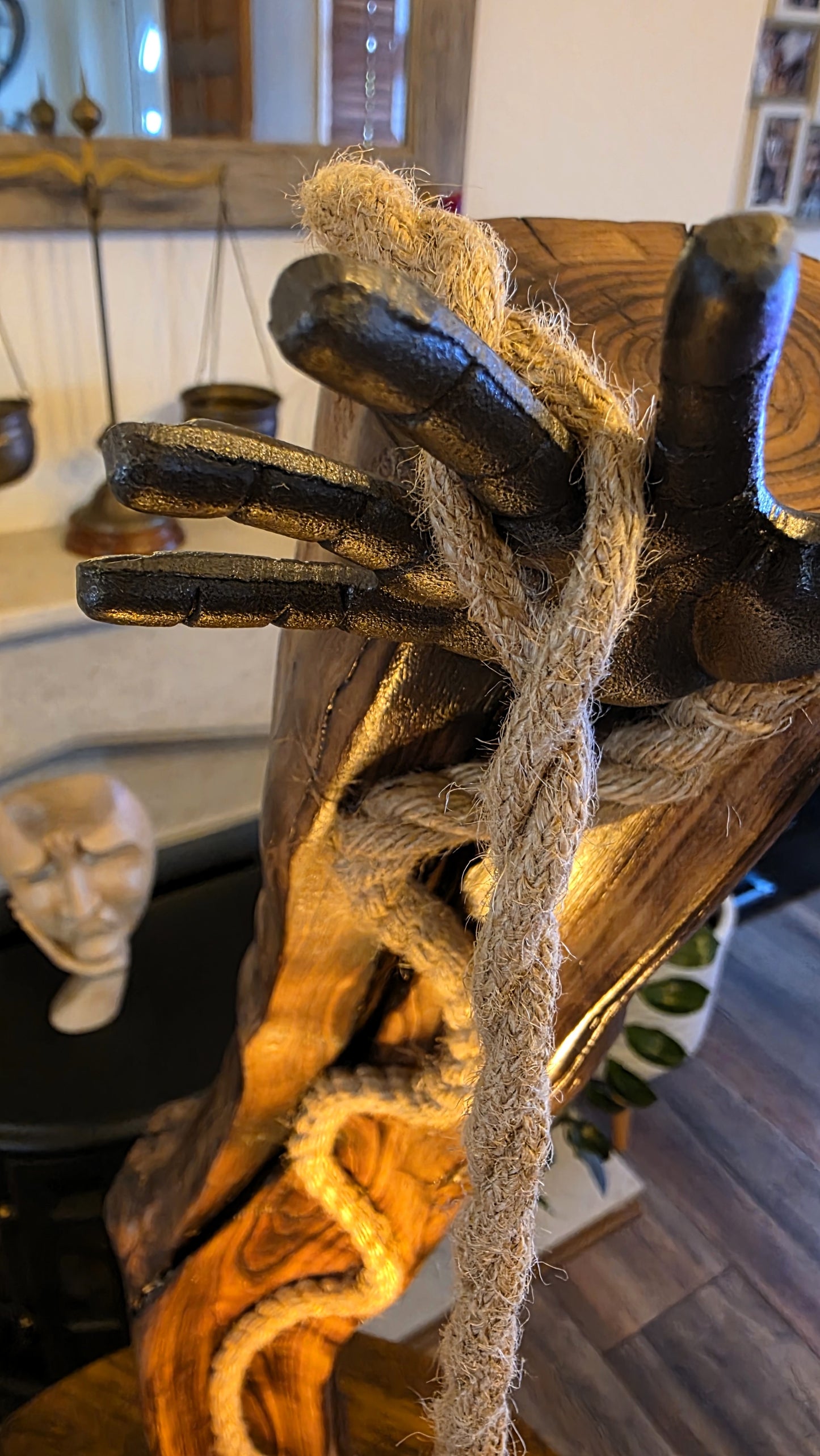 Rustic Apple Wood Lamp with Sculpted Hand & "Love" Edison Bulb