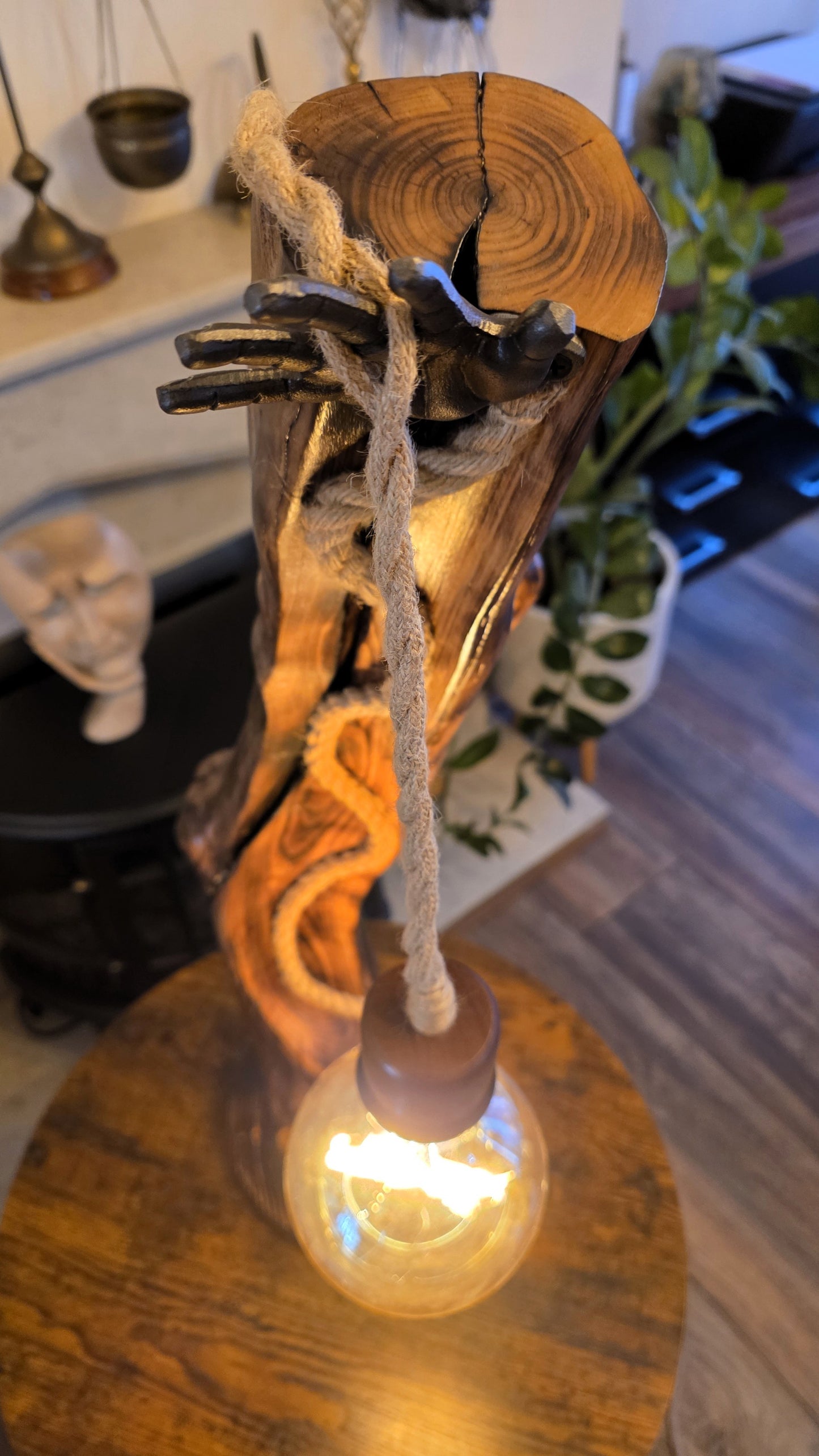 Rustic Apple Wood Lamp with Sculpted Hand & "Love" Edison Bulb