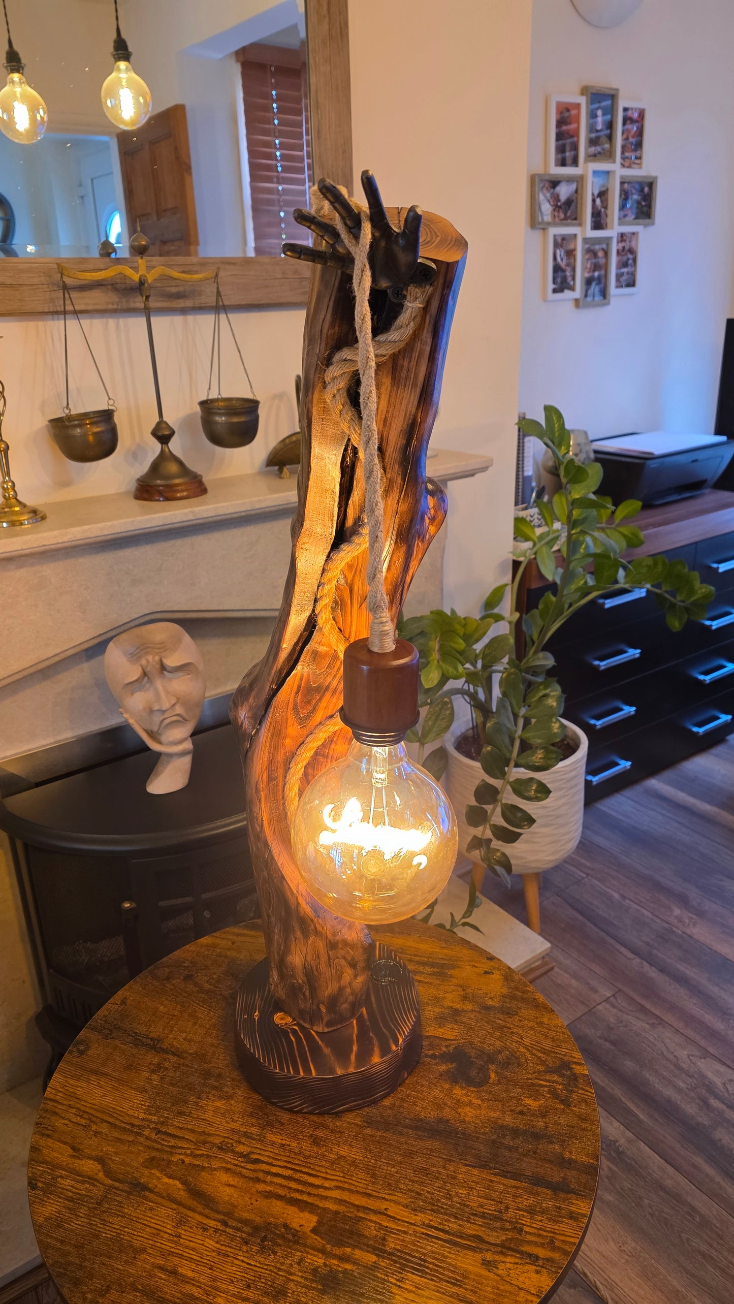 Rustic Apple Wood Lamp with Sculpted Hand & "Love" Edison Bulb