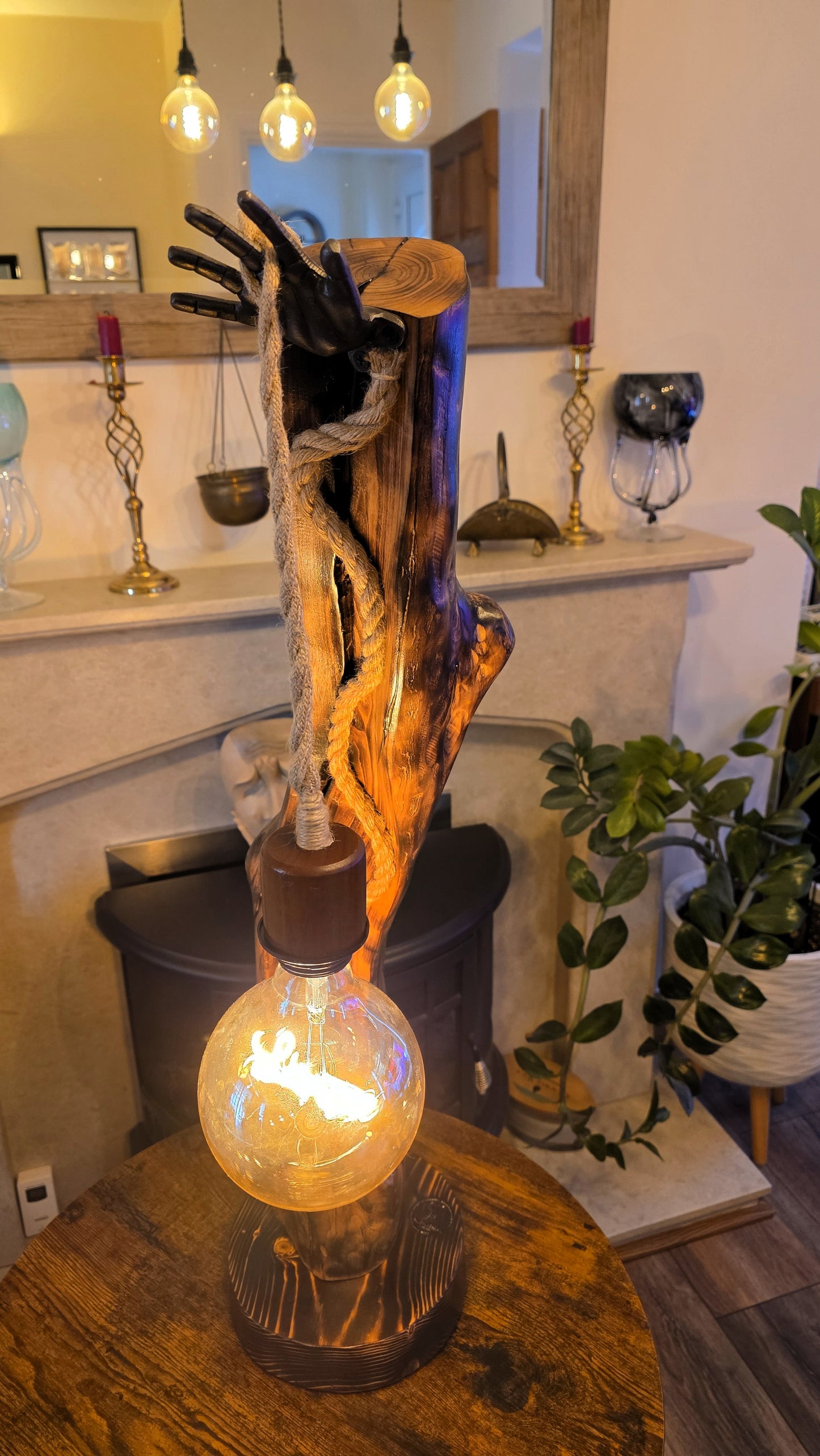 Rustic Apple Wood Lamp with Sculpted Hand & "Love" Edison Bulb