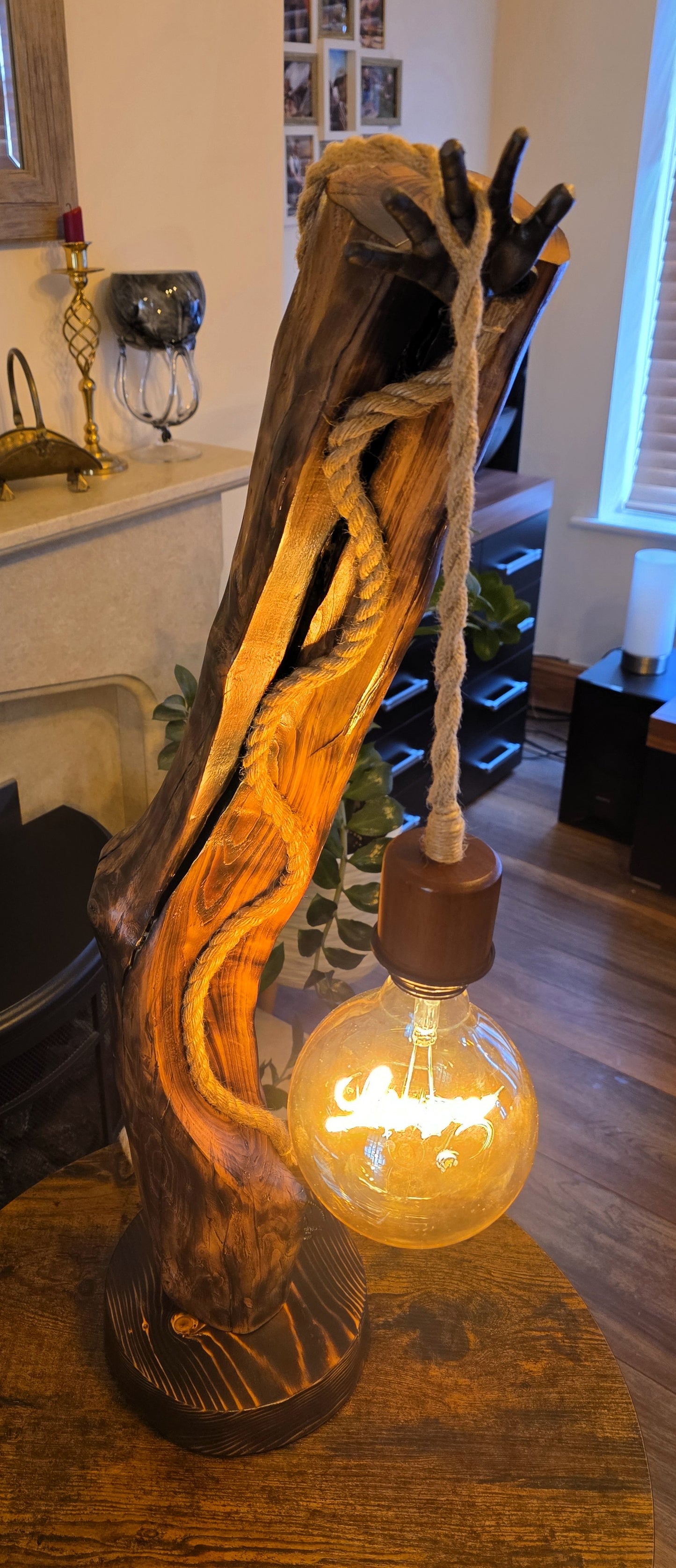 Rustic Apple Wood Lamp with Sculpted Hand & "Love" Edison Bulb