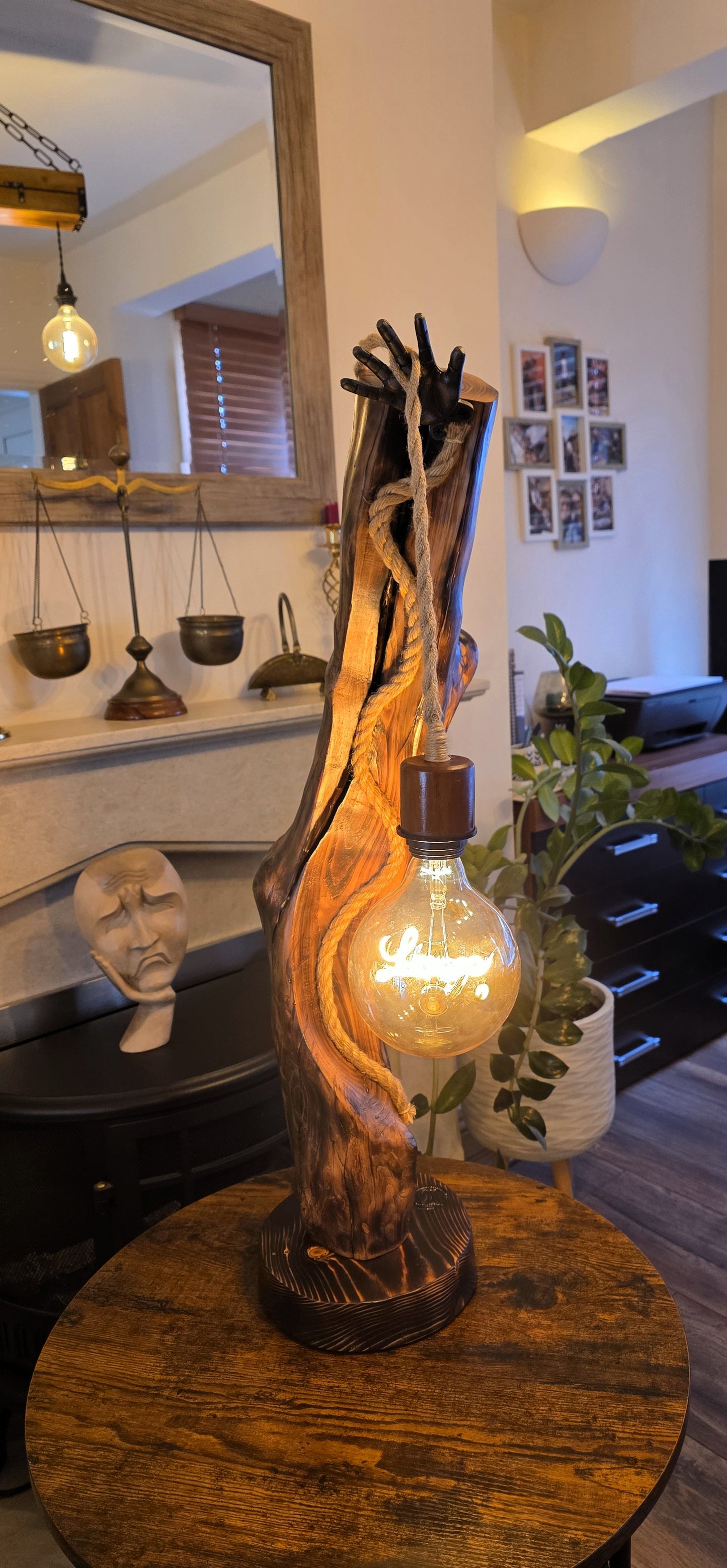 Rustic Apple Wood Lamp with Sculpted Hand & "Love" Edison Bulb
