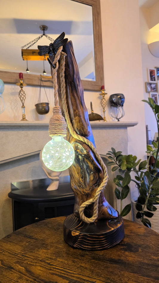Rustic Apple Wood Lamp with Dragonfly & Starlight Glass Globe
