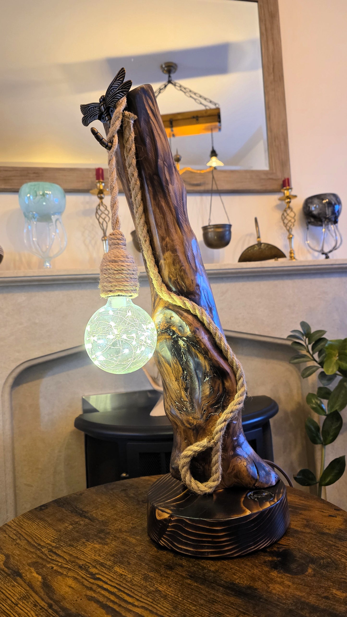 Rustic Apple Wood Lamp with Dragonfly & Starlight Glass Globe