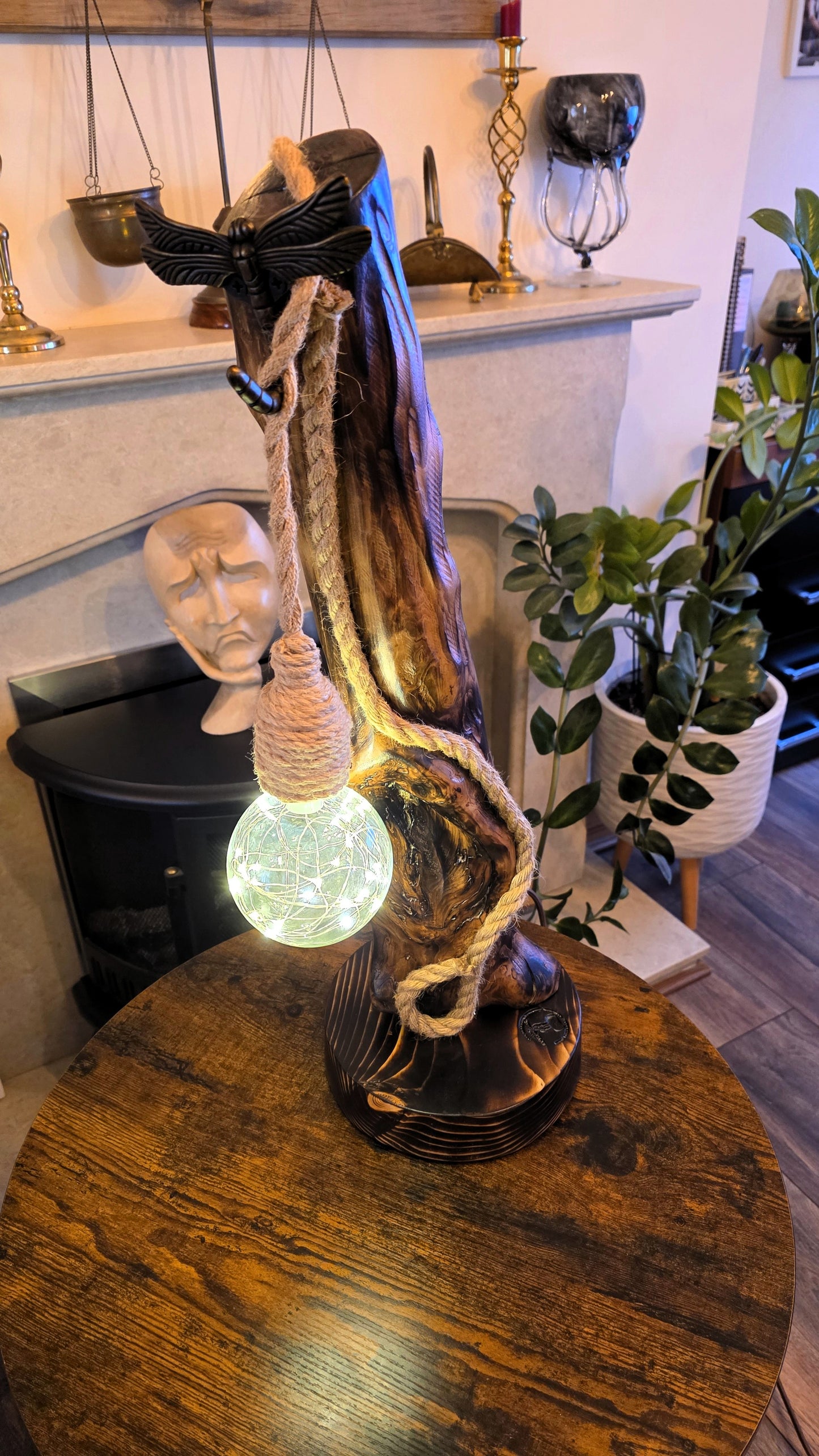 Rustic Apple Wood Lamp with Dragonfly & Starlight Glass Globe