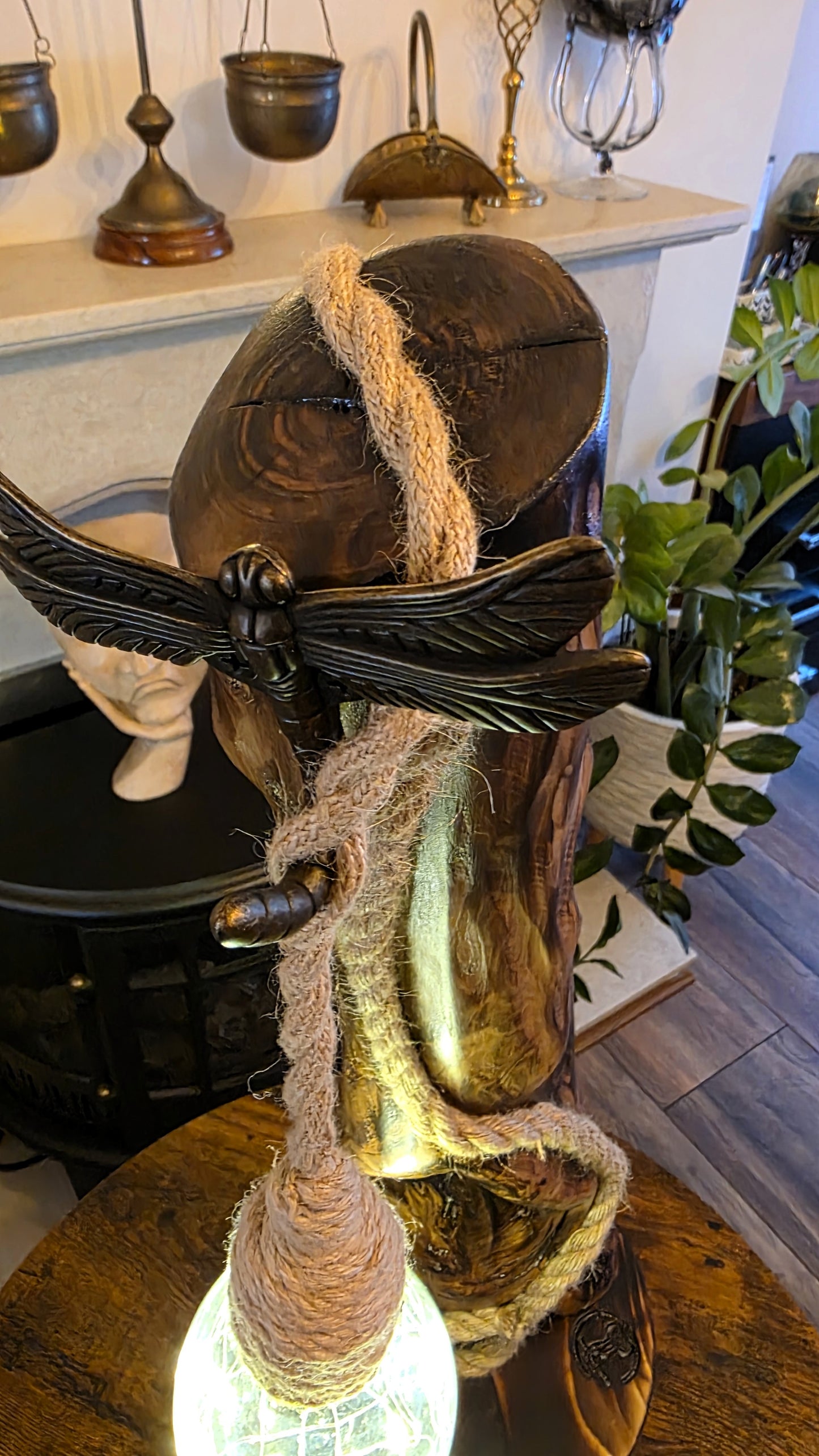 Rustic Apple Wood Lamp with Dragonfly & Starlight Glass Globe