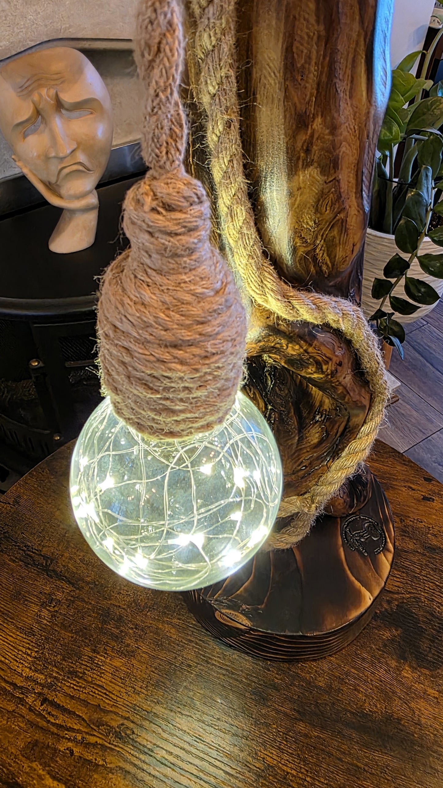 Rustic Apple Wood Lamp with Dragonfly & Starlight Glass Globe