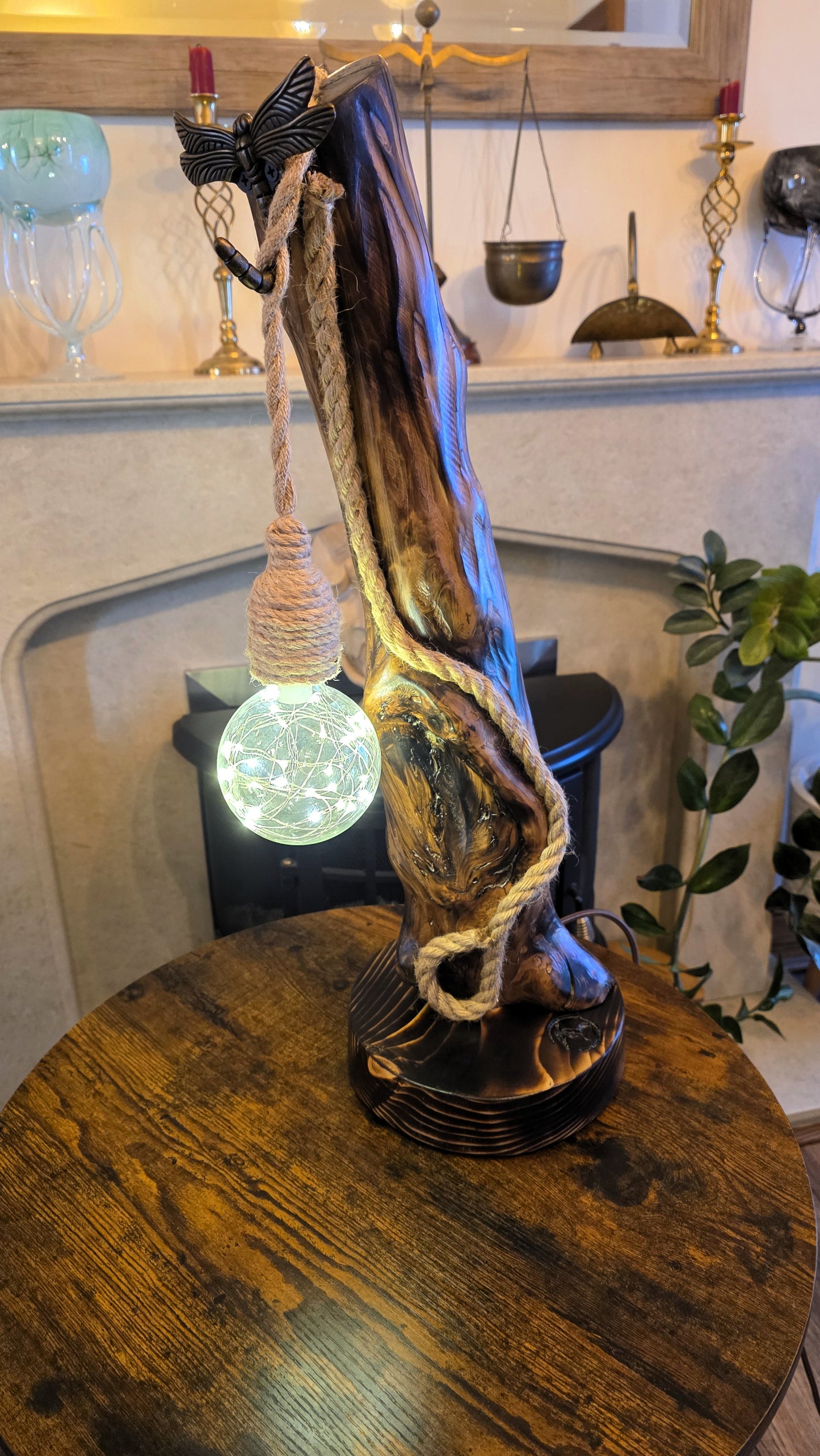 Rustic Apple Wood Lamp with Dragonfly & Starlight Glass Globe