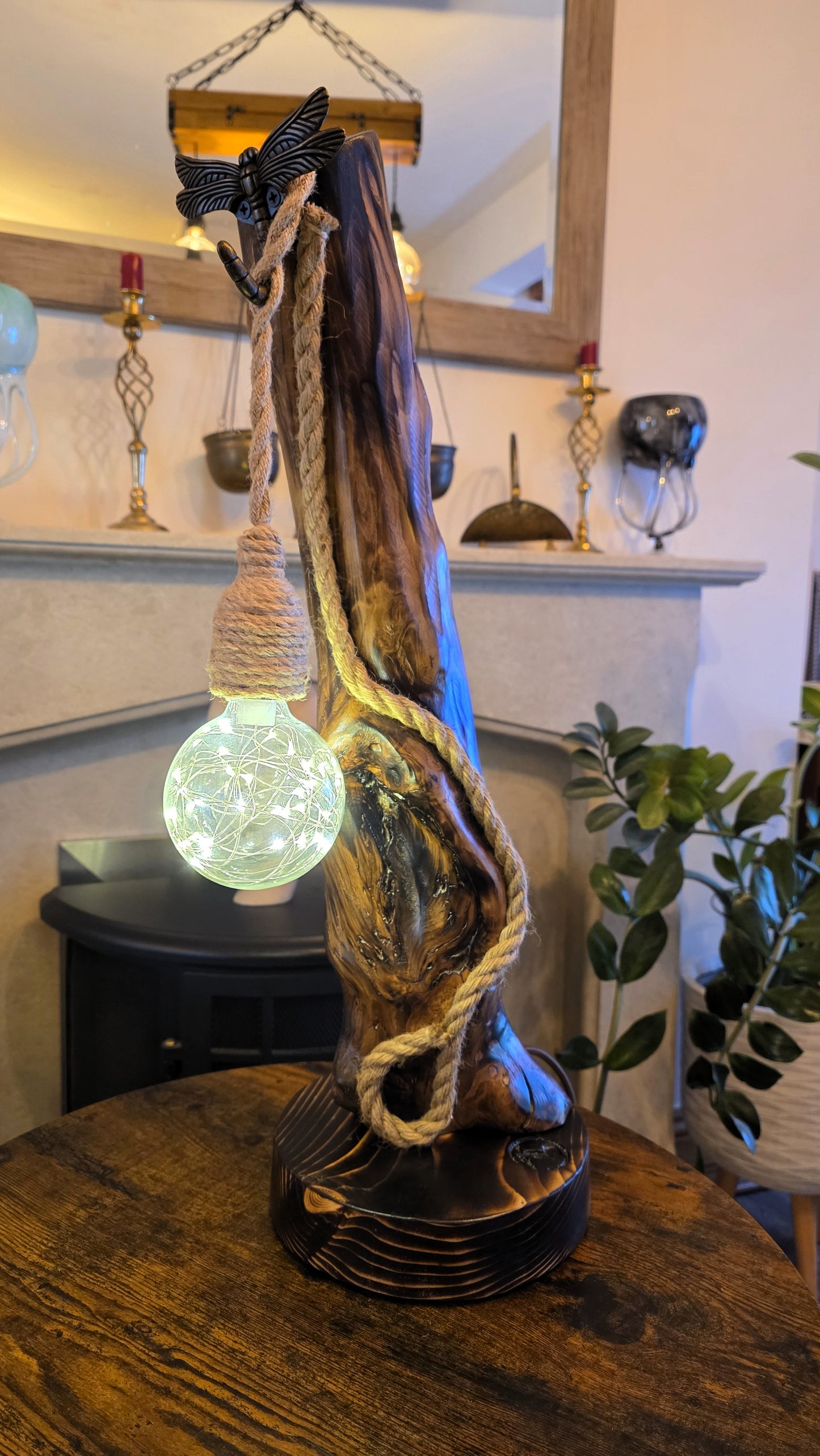 Rustic Apple Wood Lamp with Dragonfly & Starlight Glass Globe