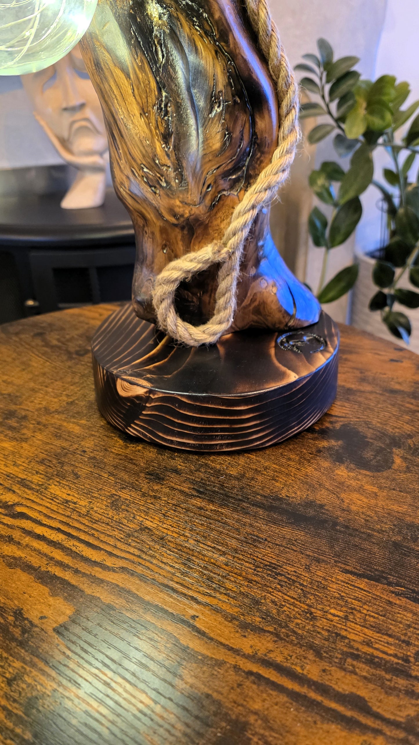 Rustic Apple Wood Lamp with Dragonfly & Starlight Glass Globe