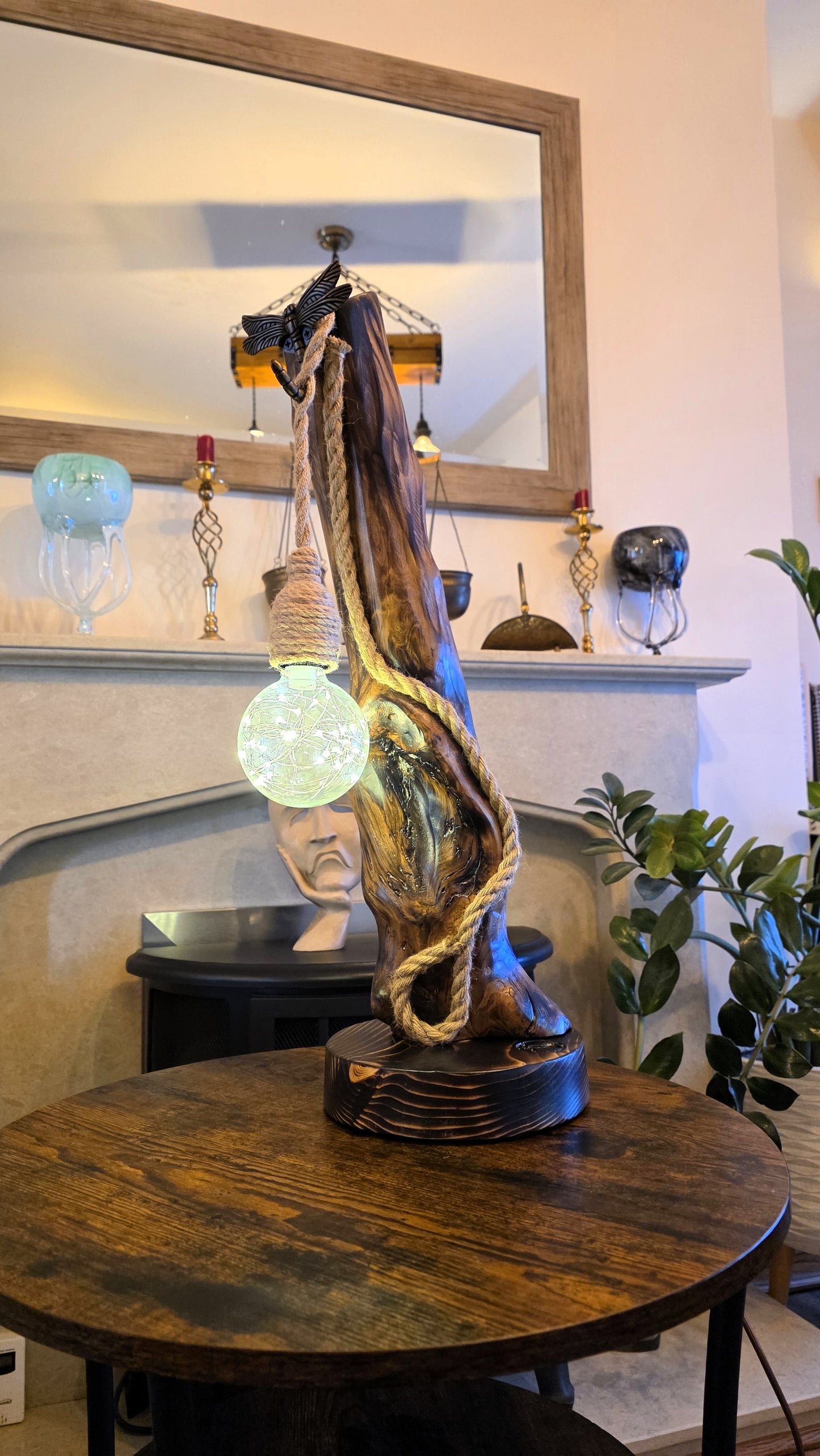 Rustic Apple Wood Lamp with Dragonfly & Starlight Glass Globe