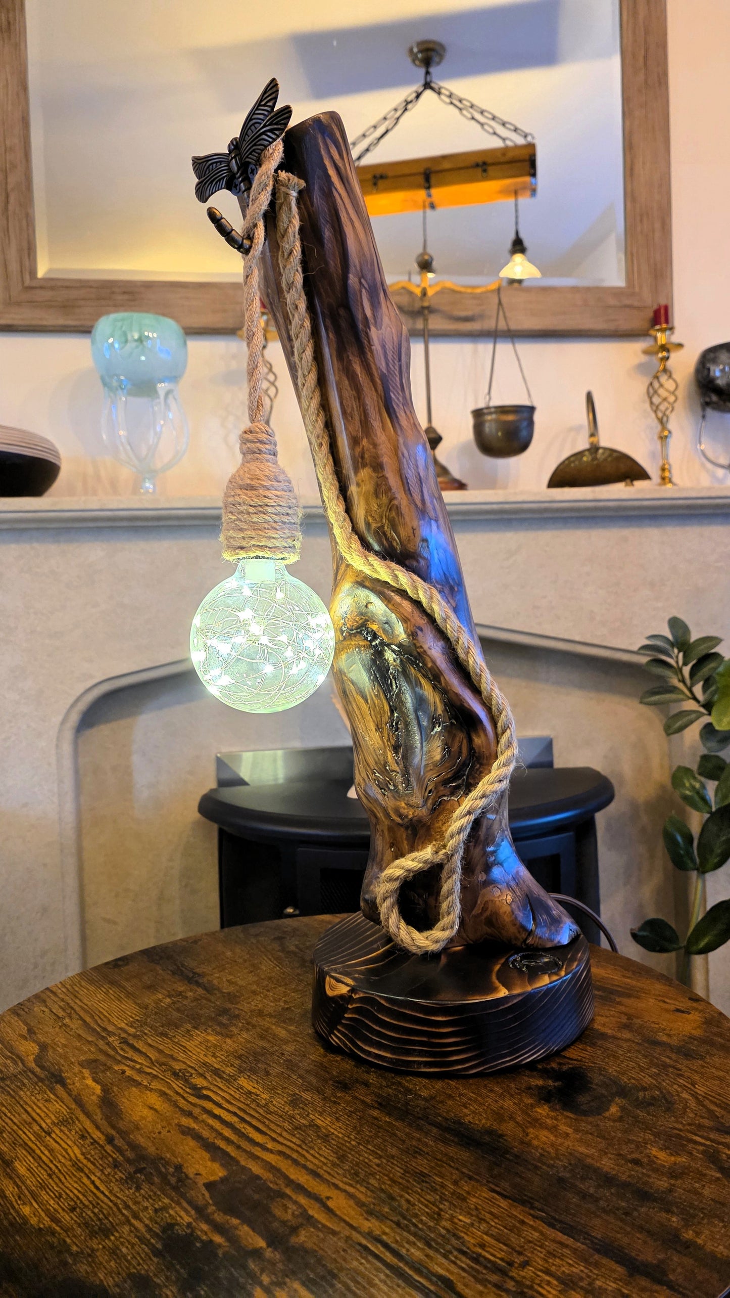 Rustic Apple Wood Lamp with Dragonfly & Starlight Glass Globe