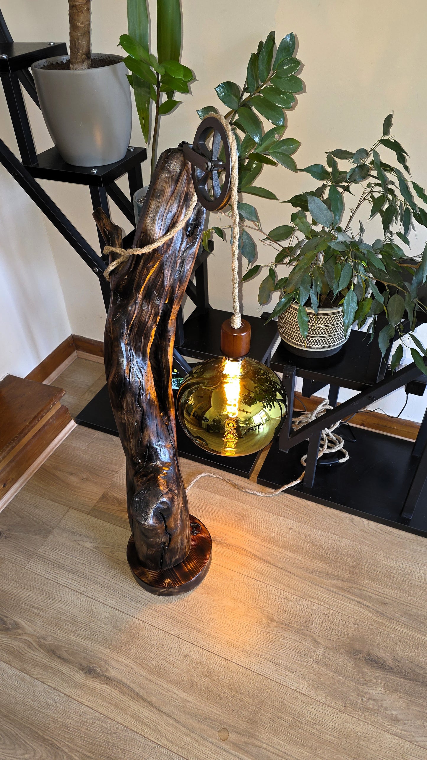 Rustic Pulley Floor Lamp – Golden Glow