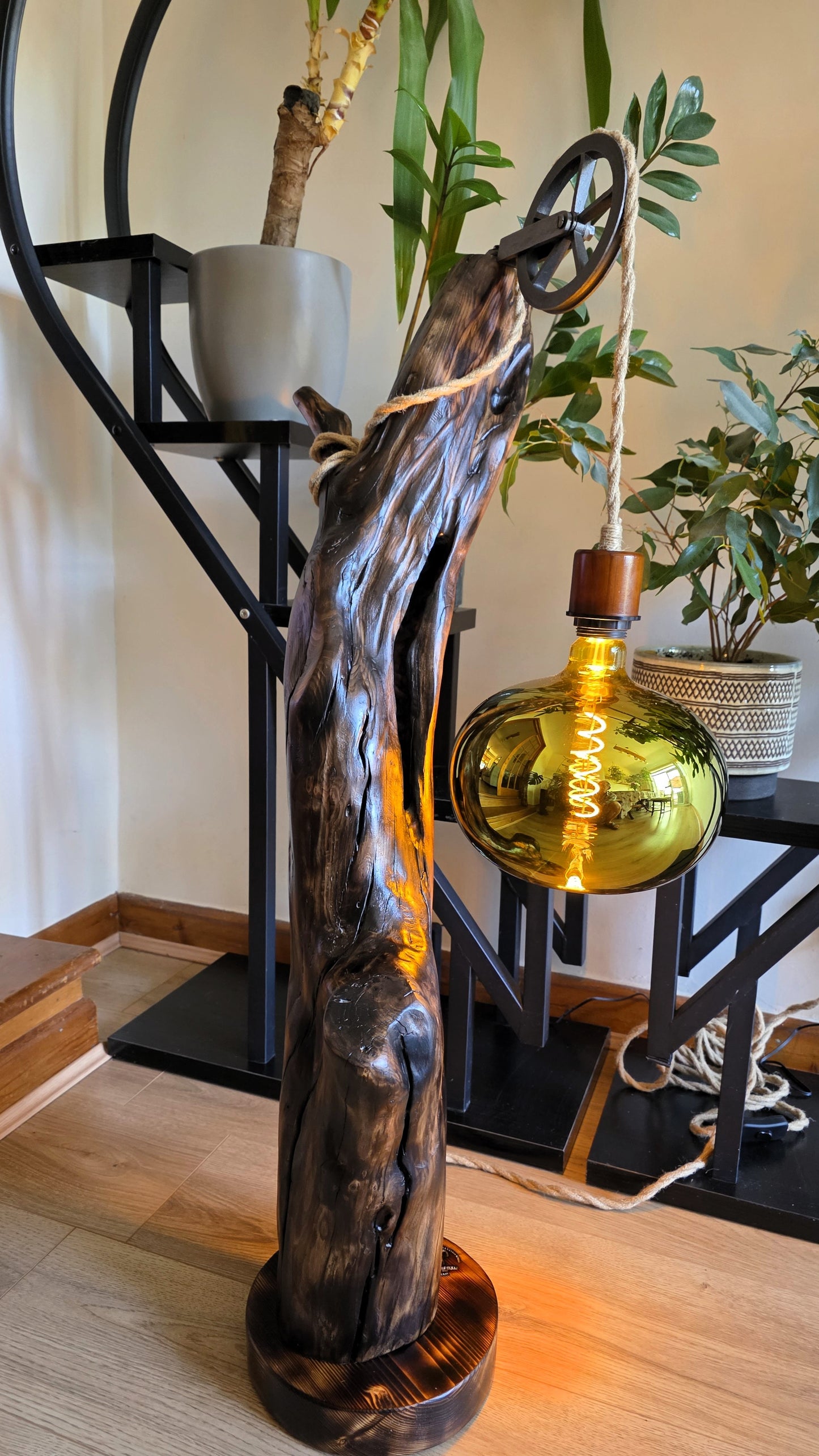 Rustic Pulley Floor Lamp – Golden Glow