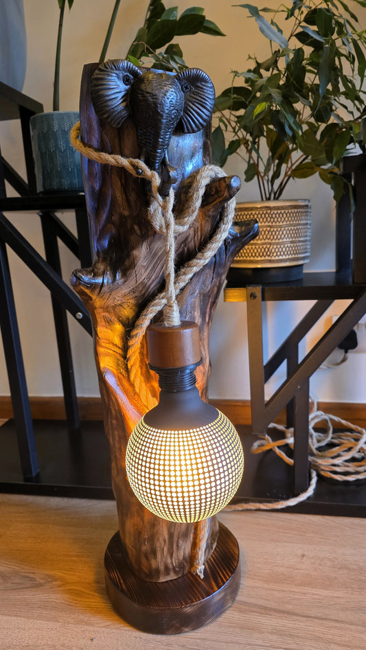🐘 Rustic Apple Wood Elephant Lamp – Wild Spirit